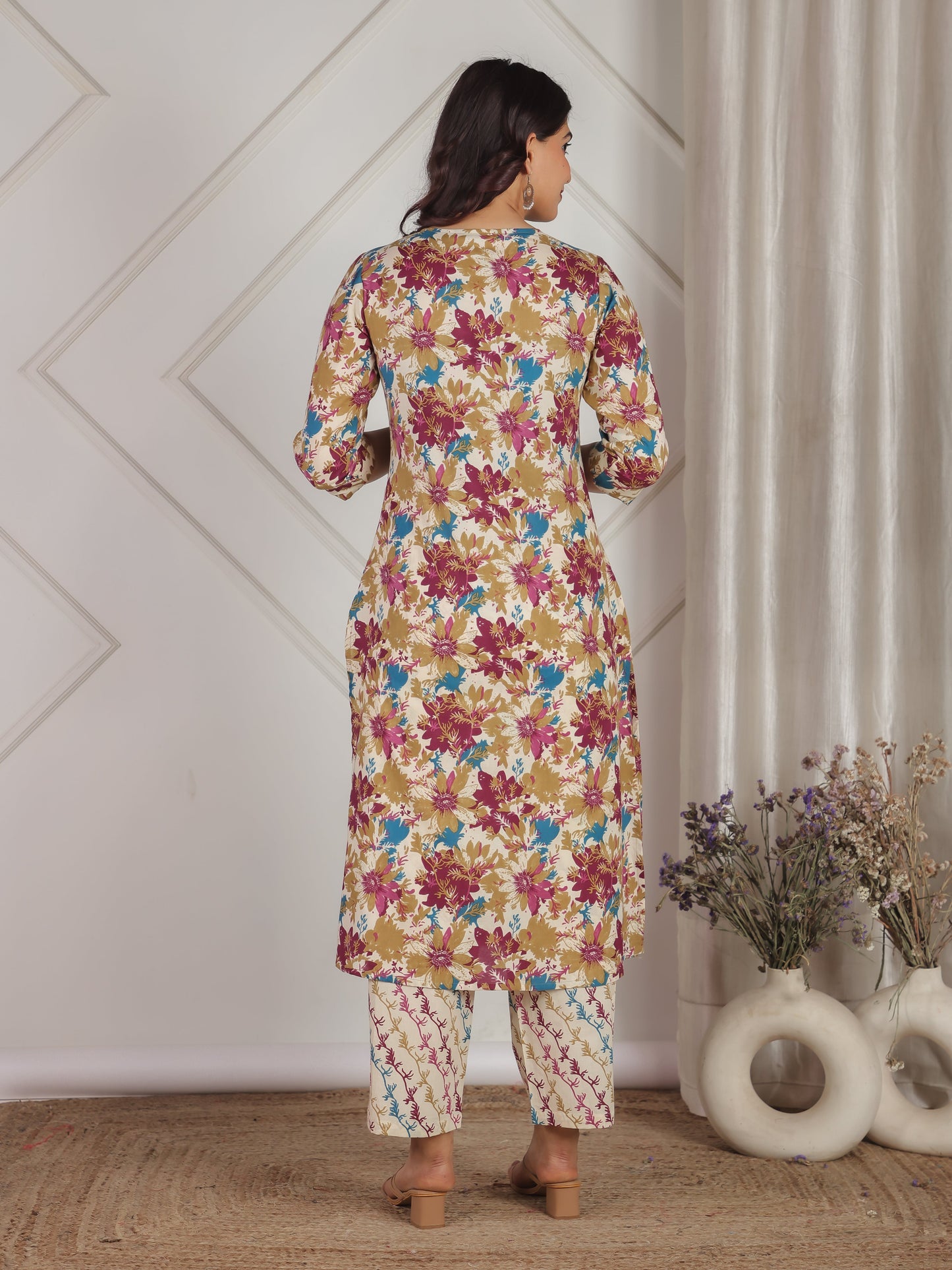 Soft Cotton Floral Straight Off White Kurta