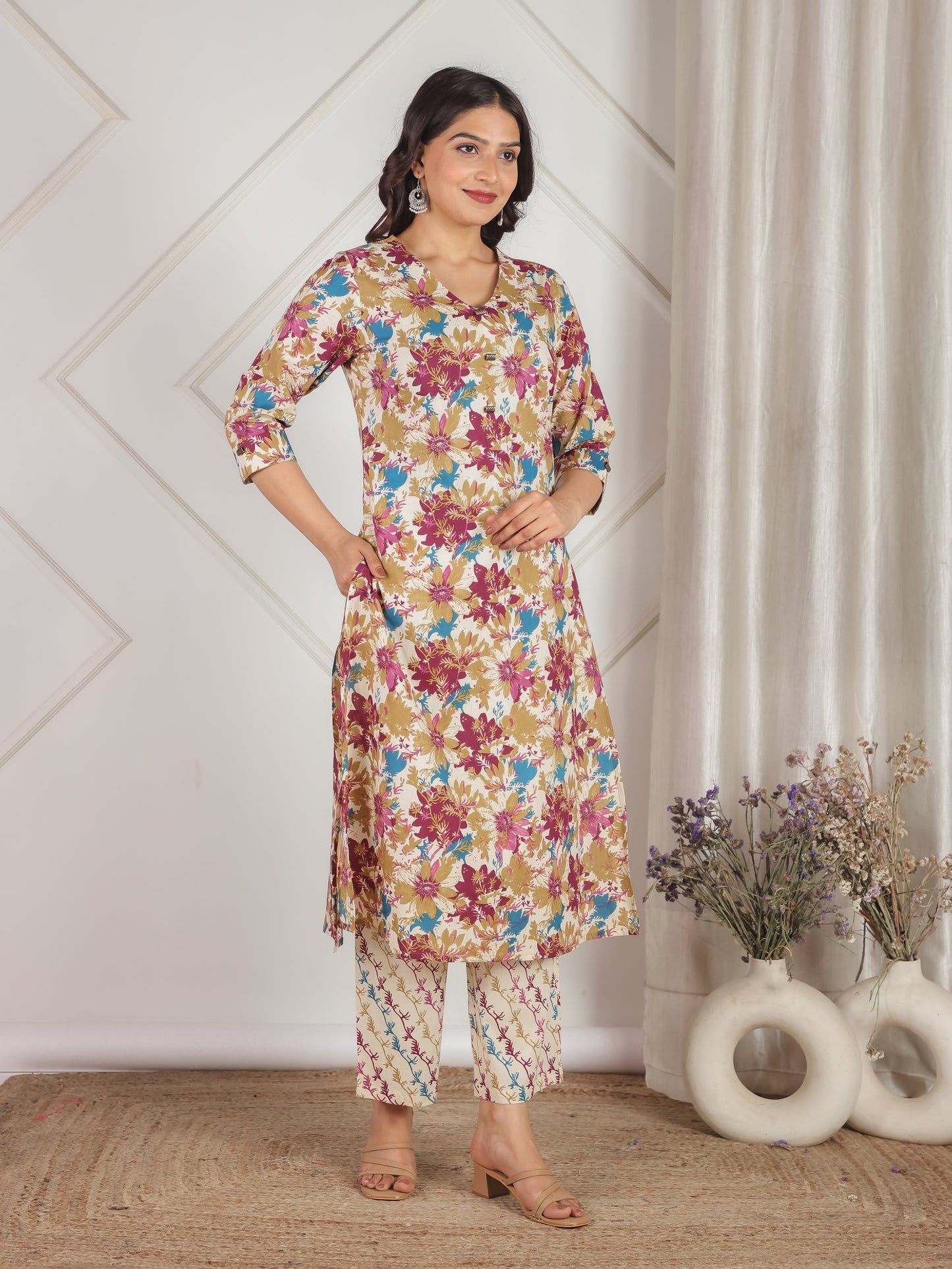 Soft Cotton Floral Straight Off White Kurta