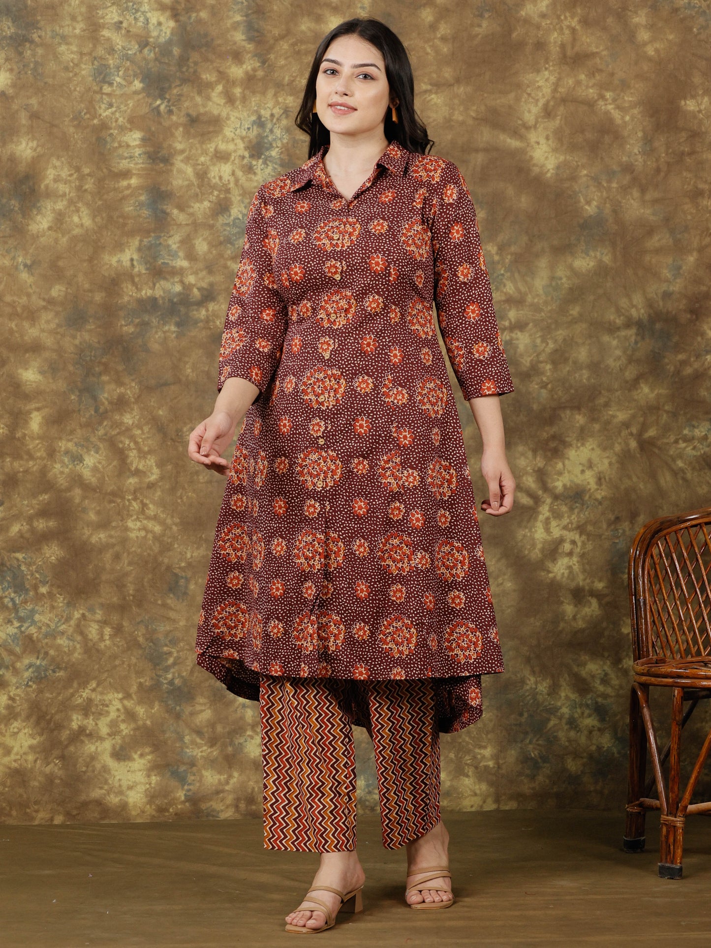 Soft Cotton Floral High Low Brown Kurta