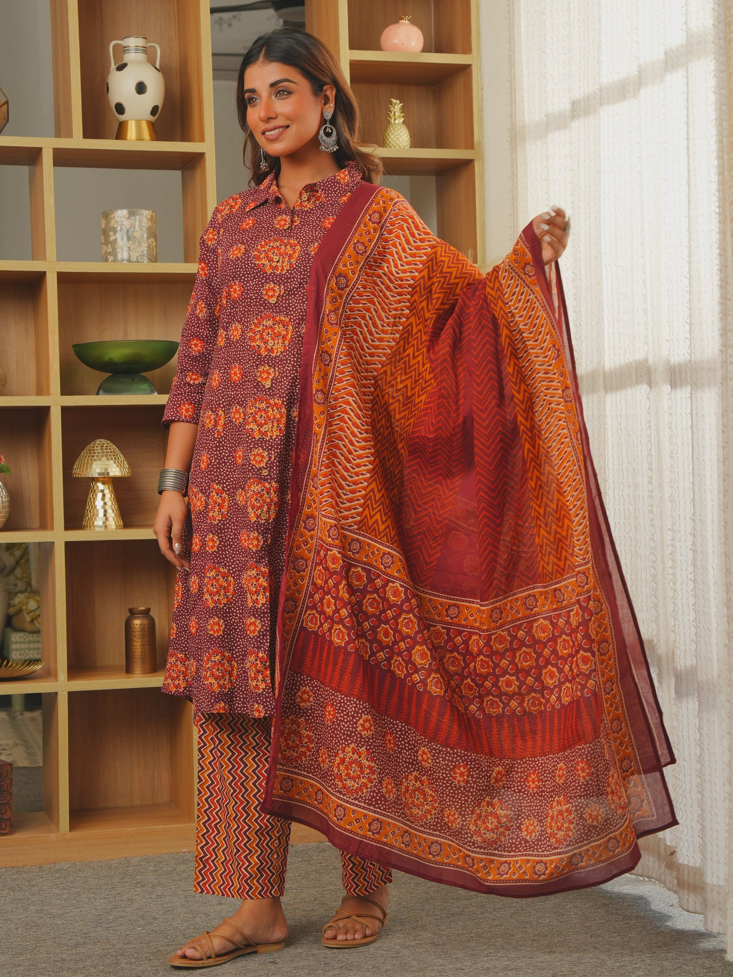 Soft Cotton Floral High Low Brown Kurta