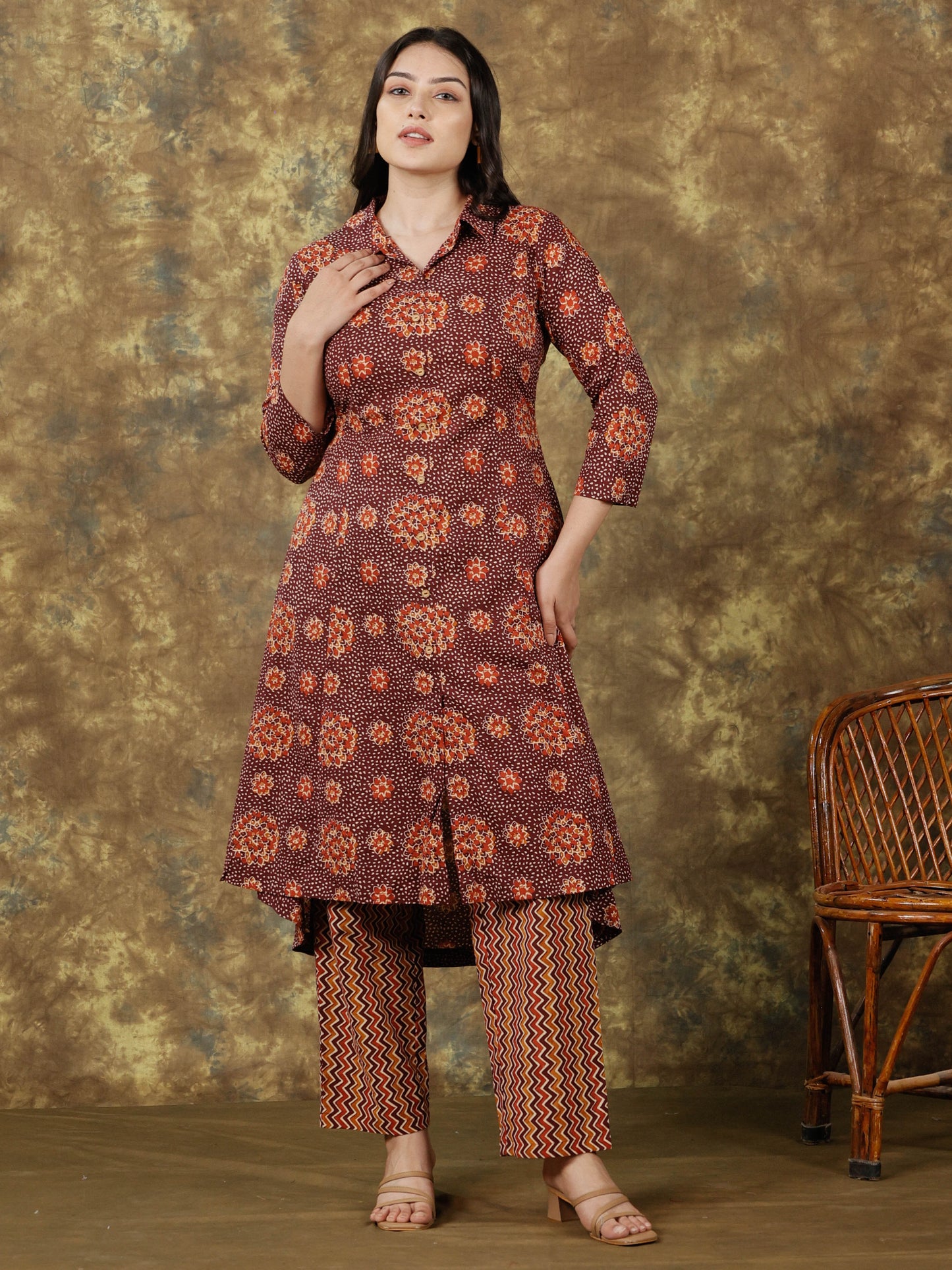 Soft Cotton Floral High Low Brown Kurta