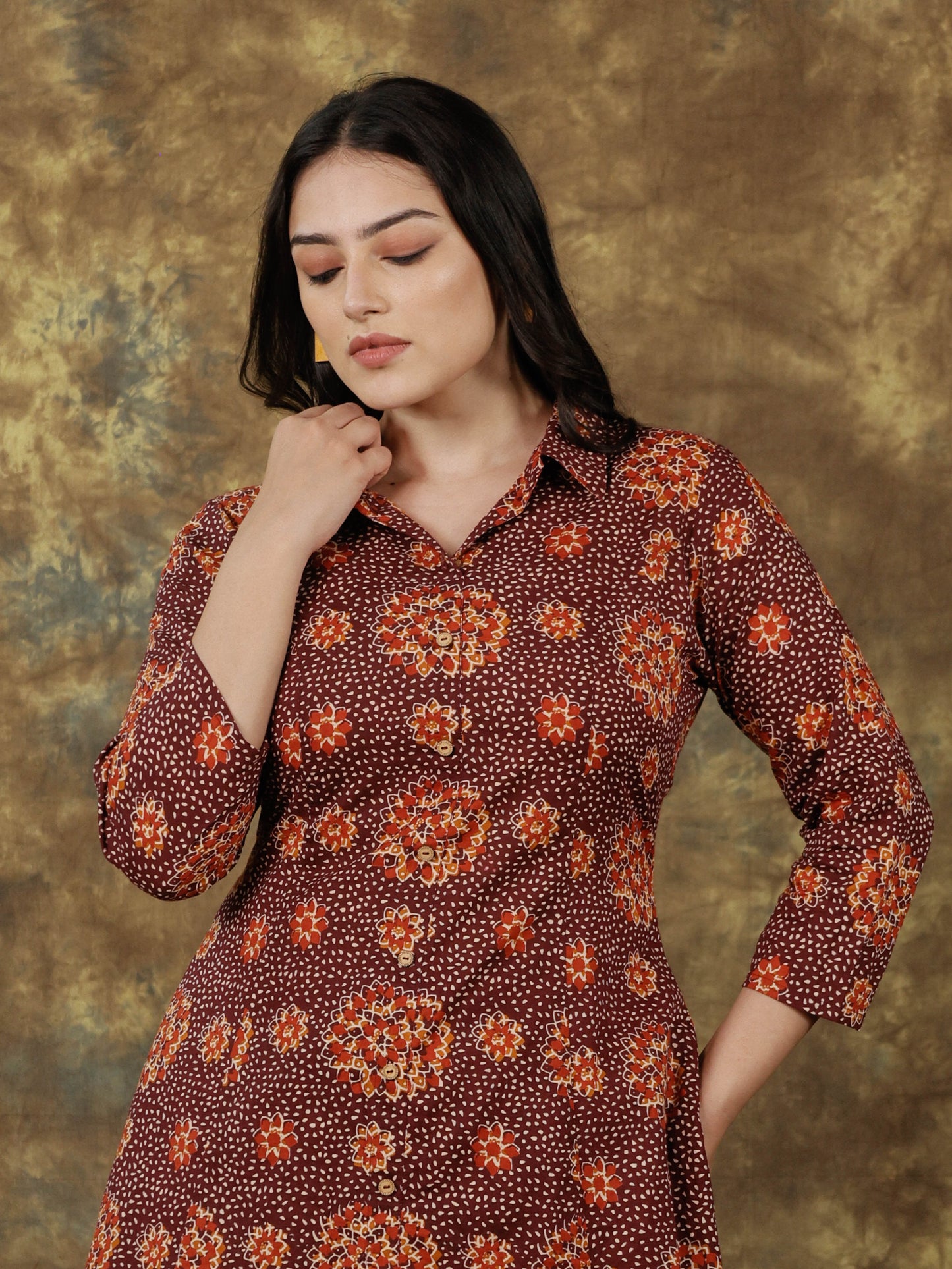 Soft Cotton Floral High Low Brown Kurta