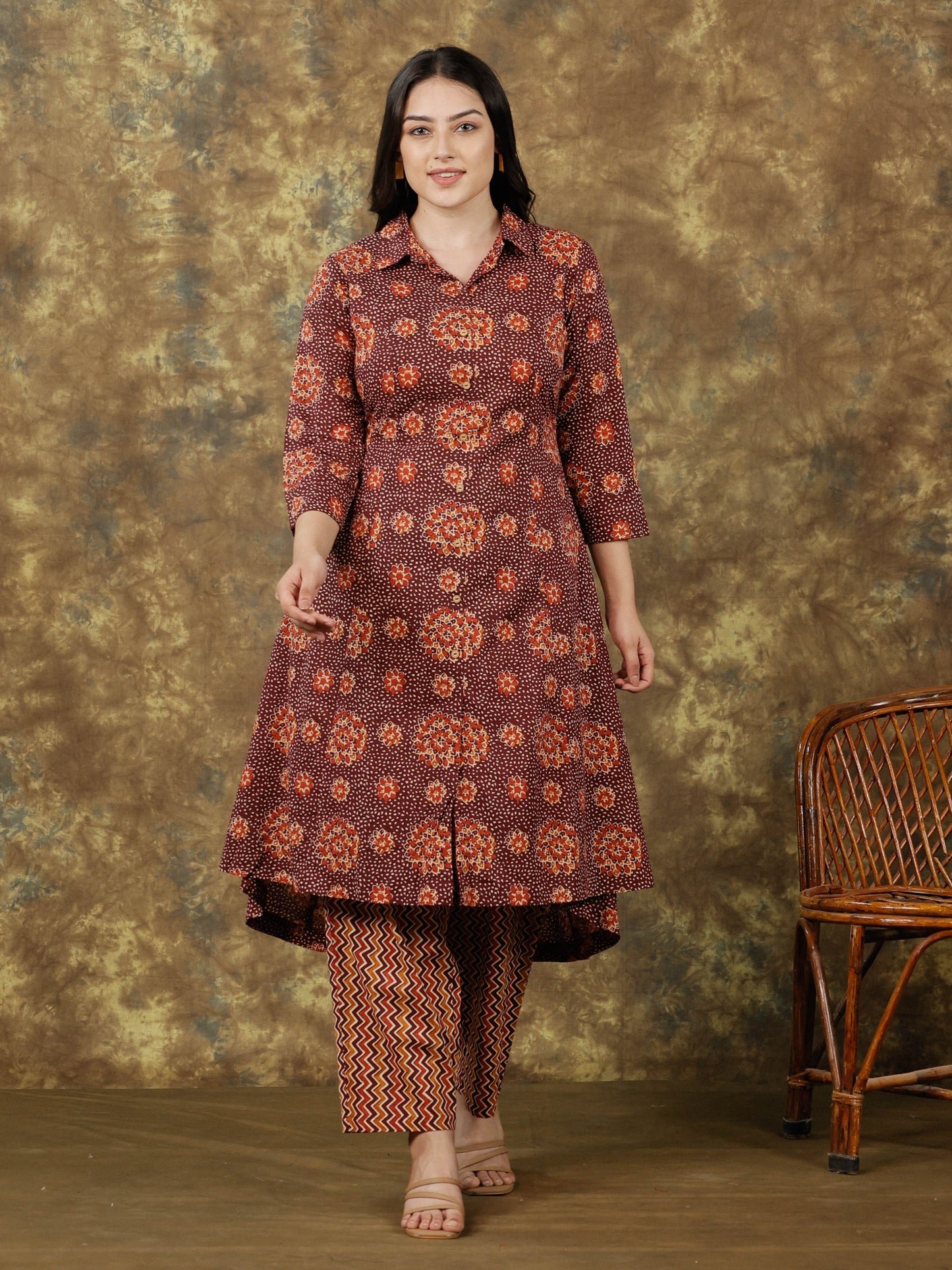 Soft Cotton Floral High Low Brown Kurta