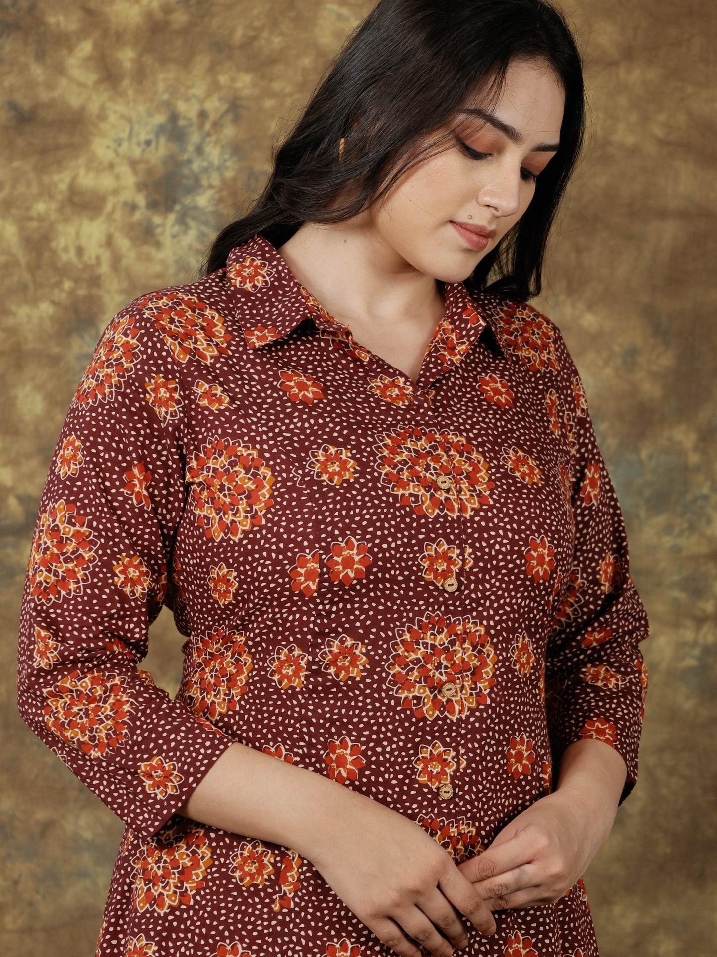 Soft Cotton Floral High Low Brown Kurta