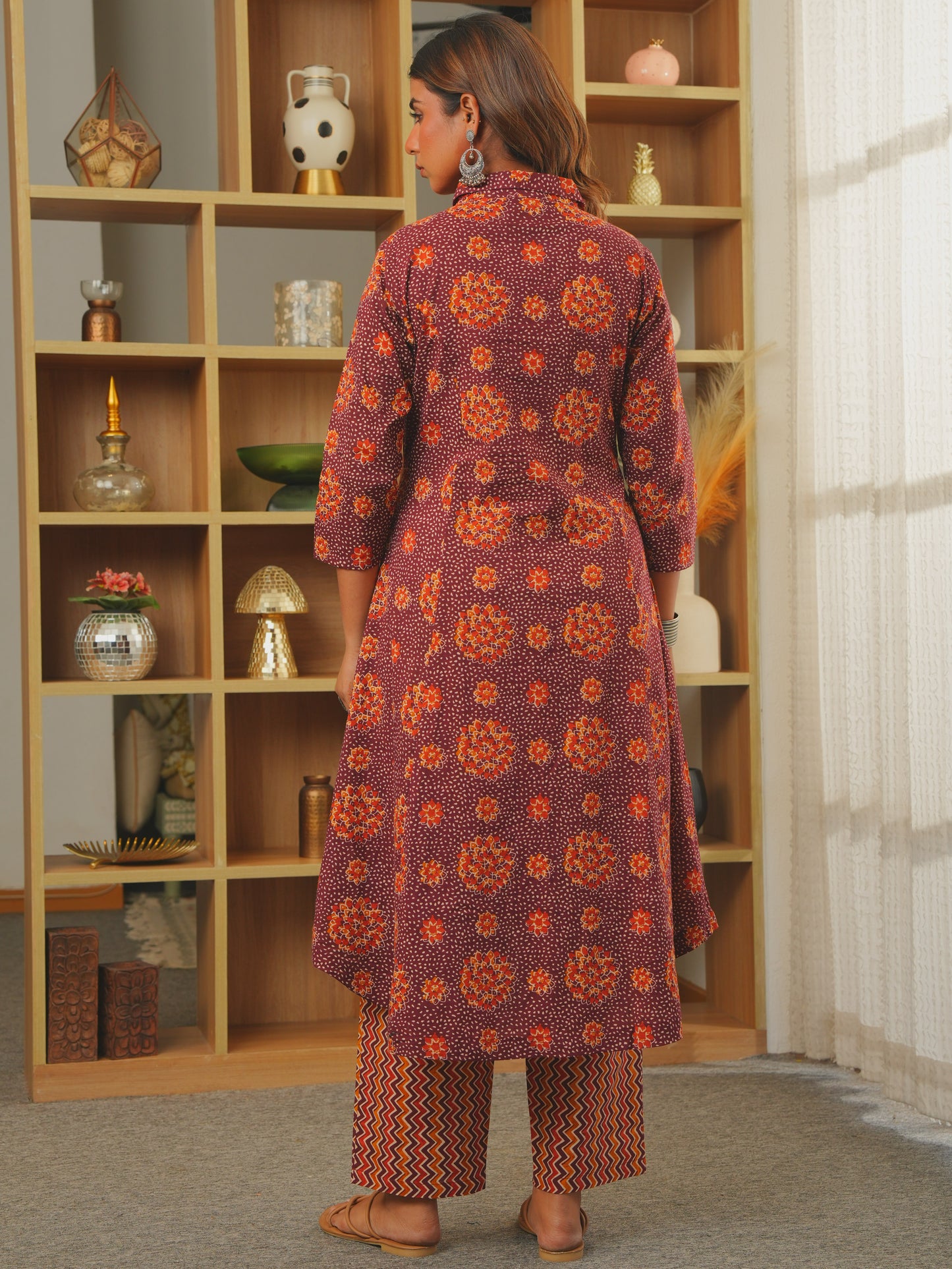 Soft Cotton Floral High Low Brown Kurta