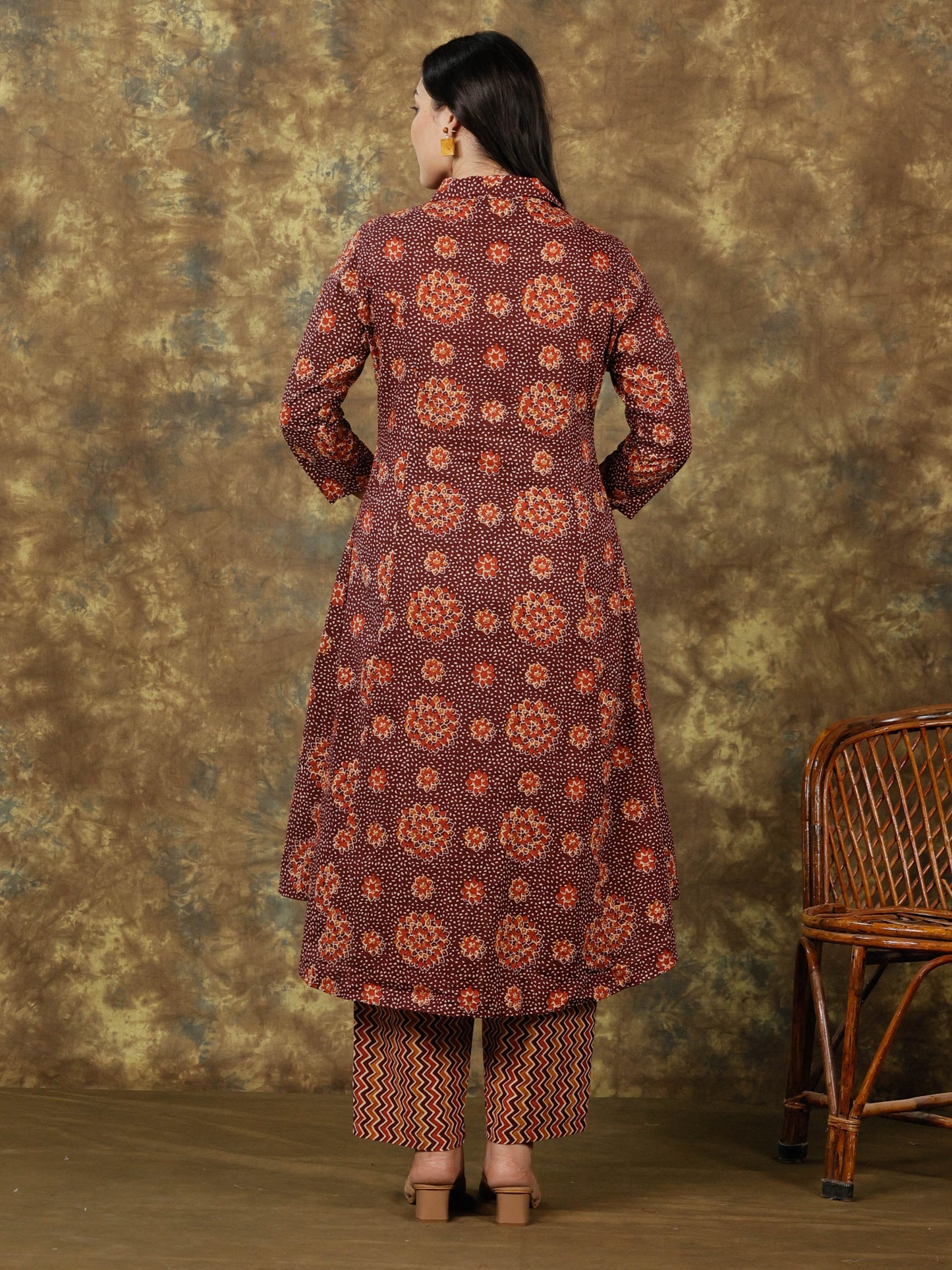 Soft Cotton Floral High Low Brown Kurta