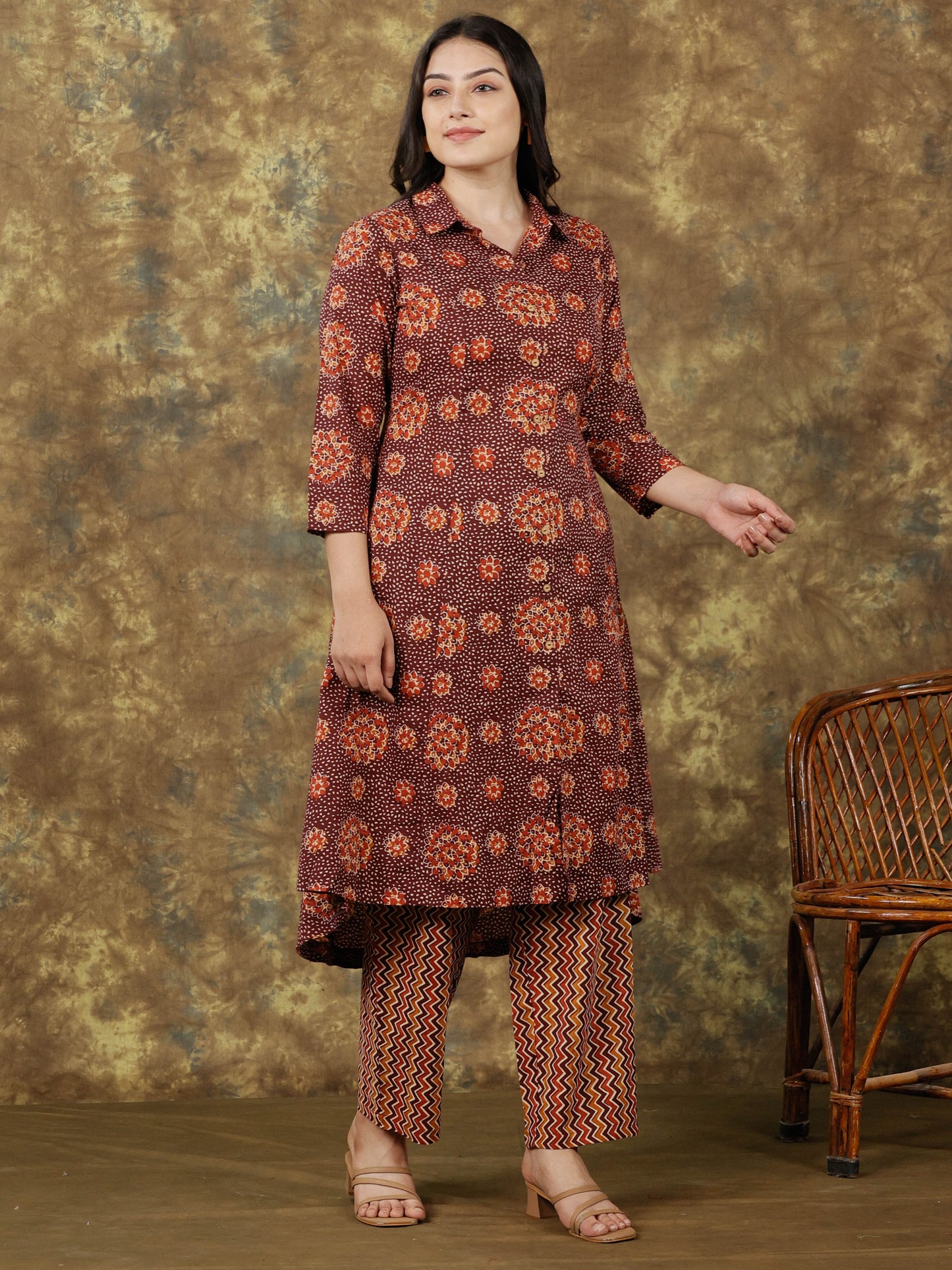 Soft Cotton Floral High Low Brown Kurta