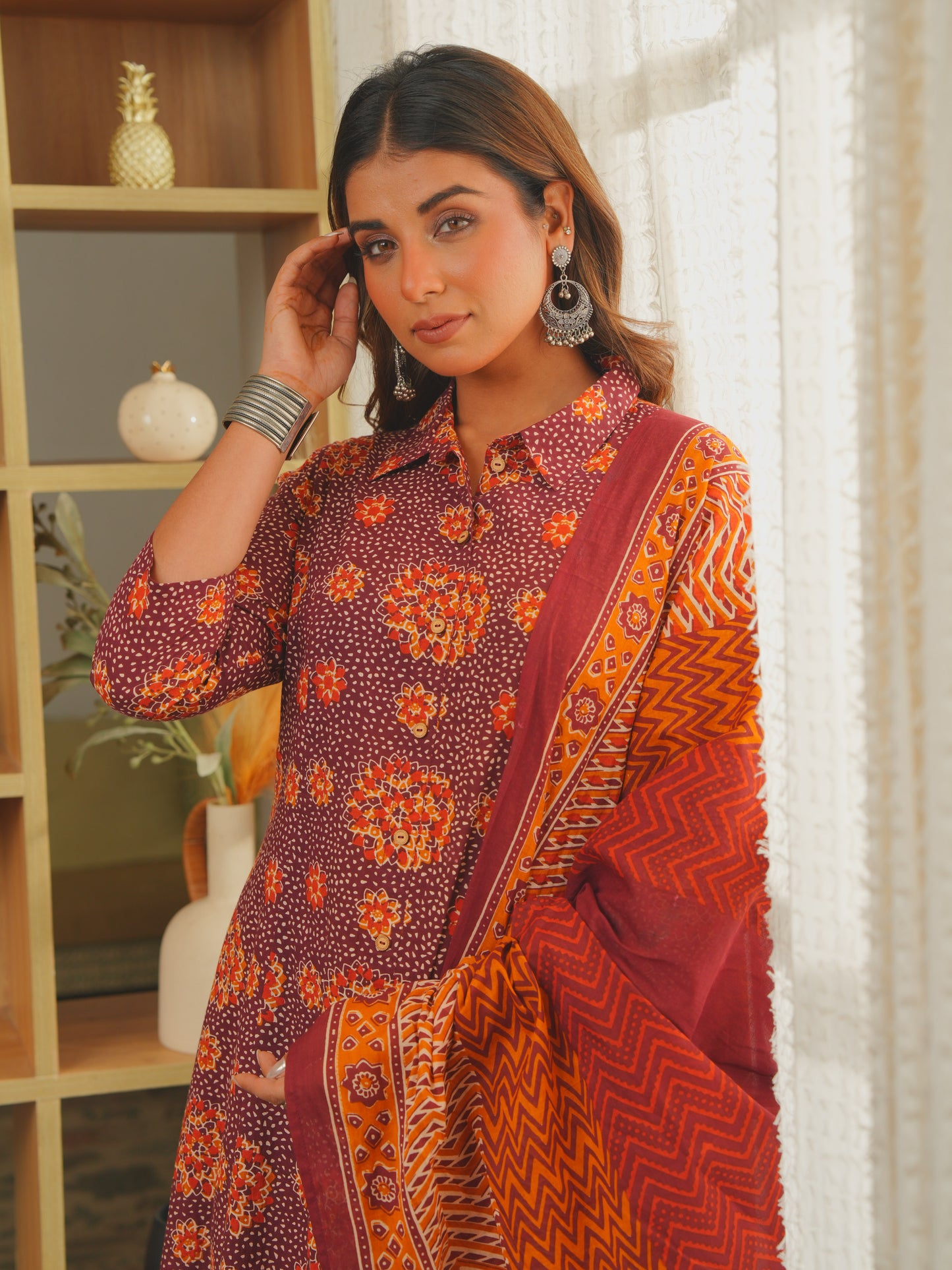 Soft Cotton Floral High Low Brown Kurta