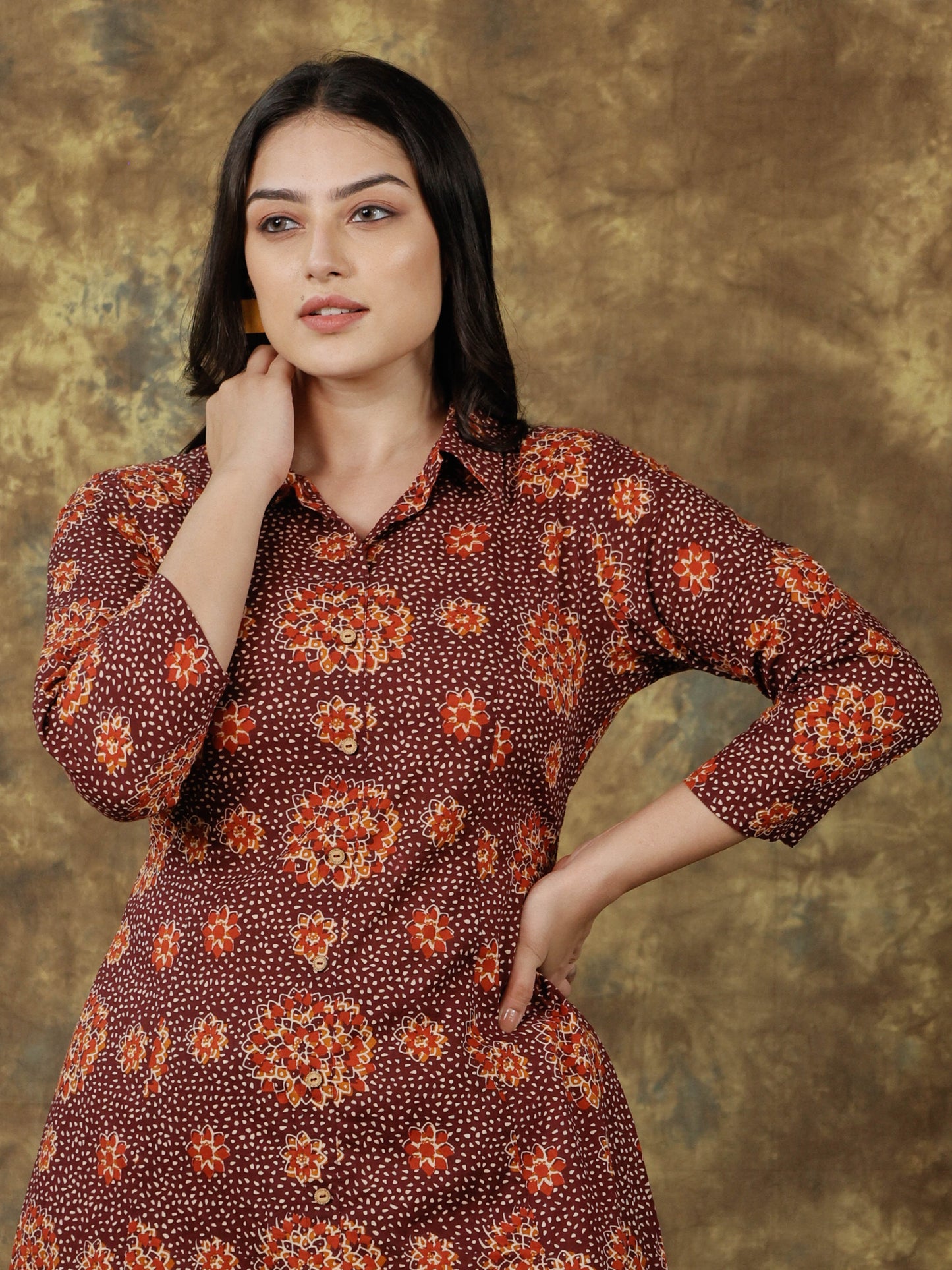Soft Cotton Floral High Low Brown Kurta