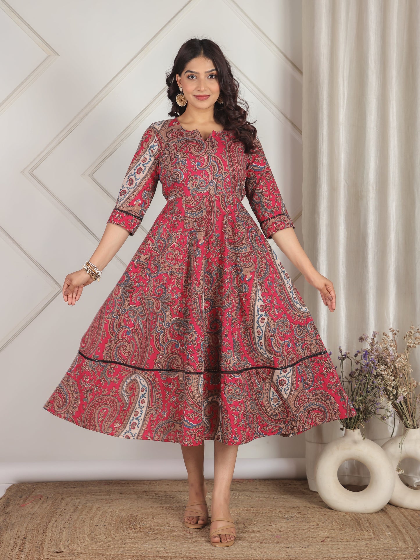 Soft Cotton Paisley Anarkali Pink Dress