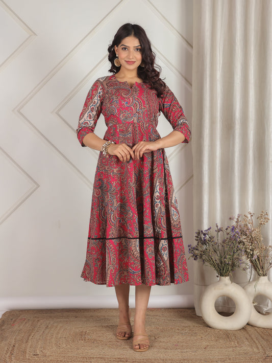Soft Cotton Paisley Anarkali Pink Dress