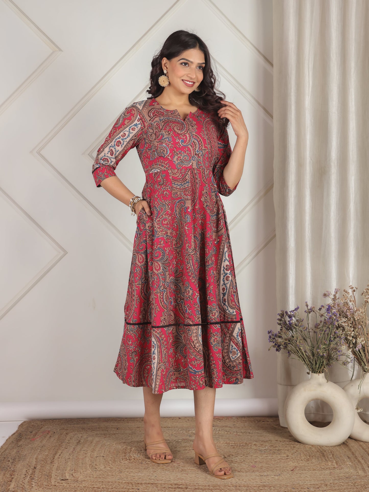 Soft Cotton Paisley Anarkali Pink Dress