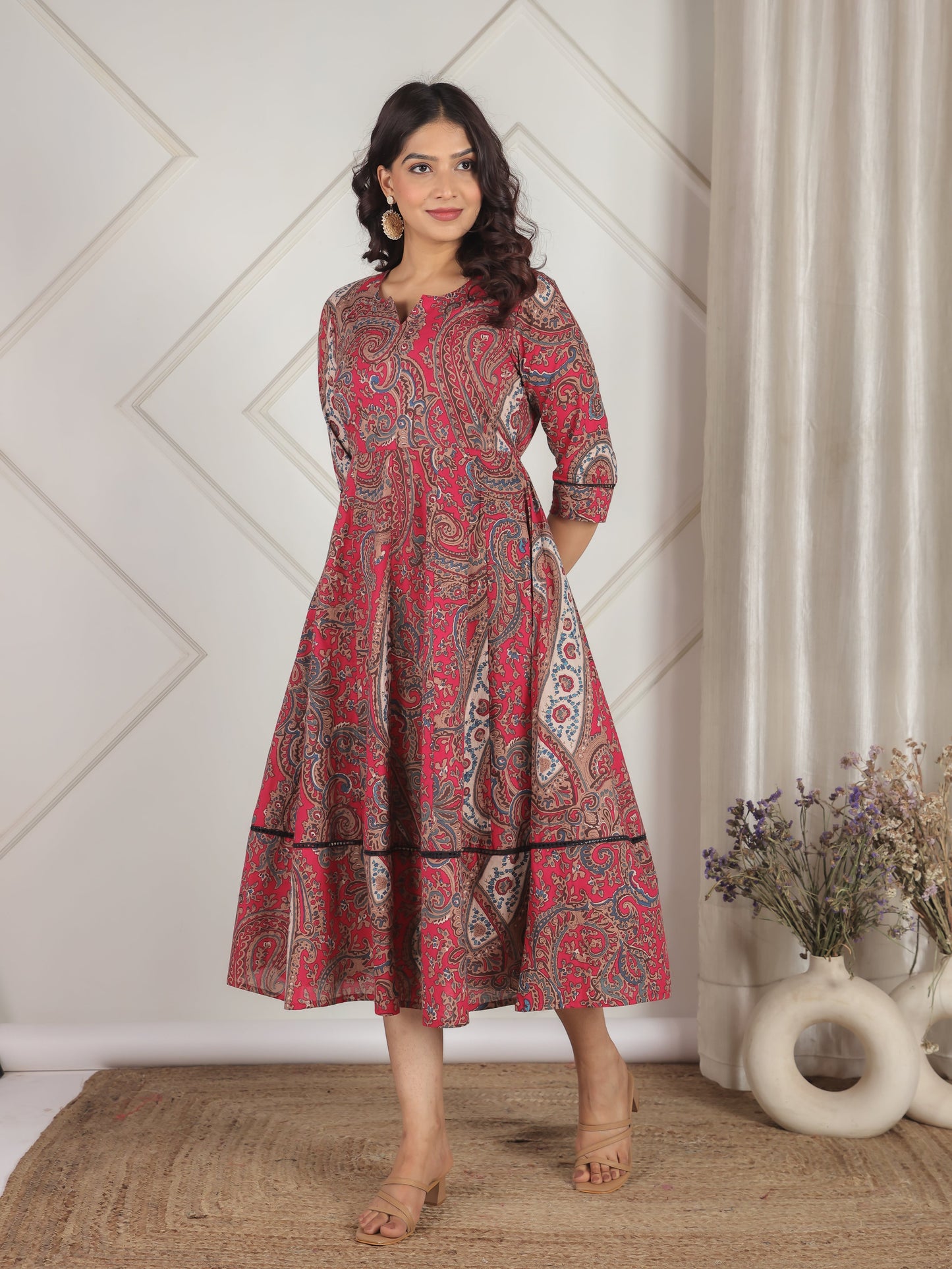 Soft Cotton Paisley Anarkali Pink Dress