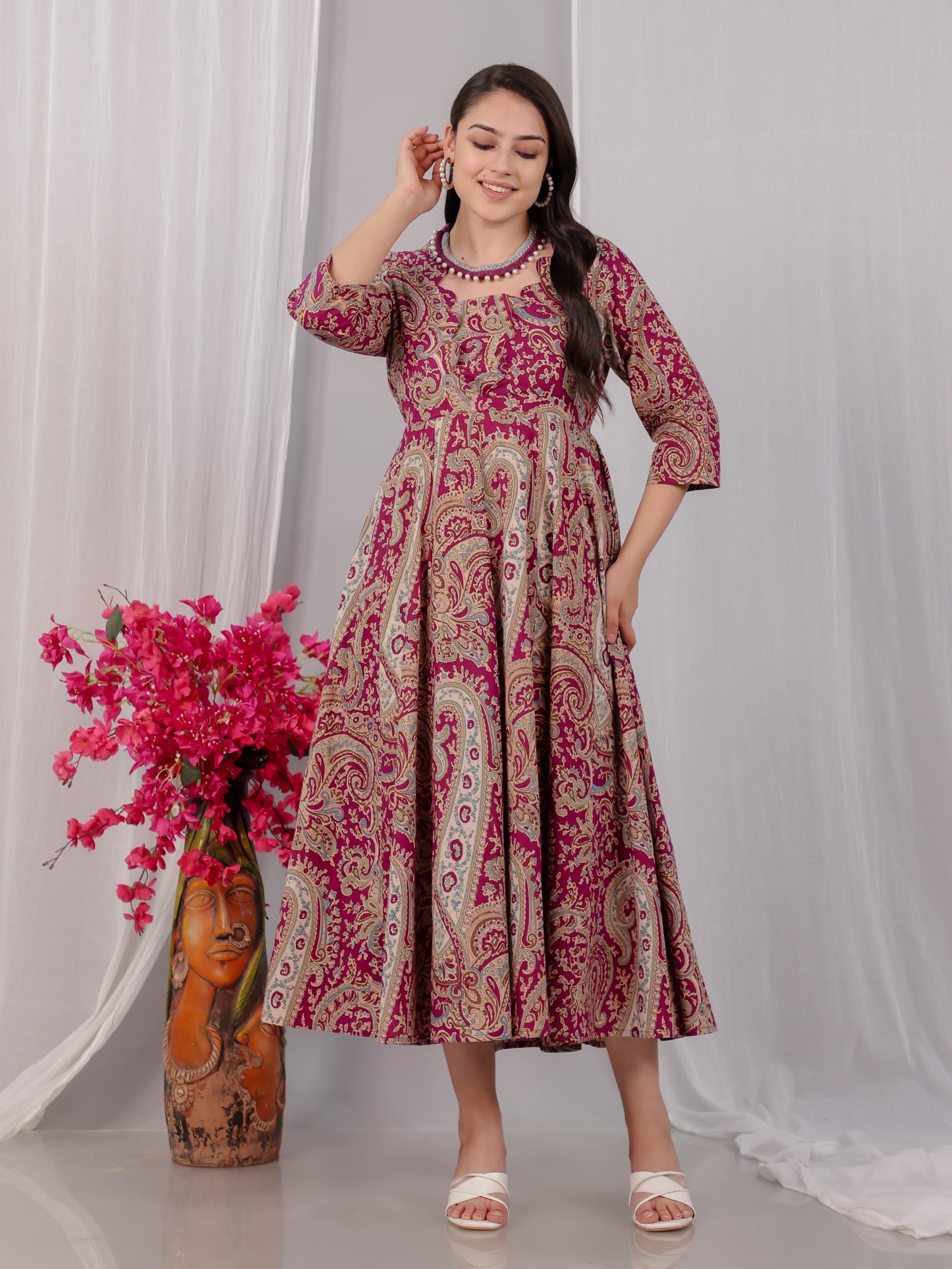 Soft Cotton Paisley Flared Purple Dress