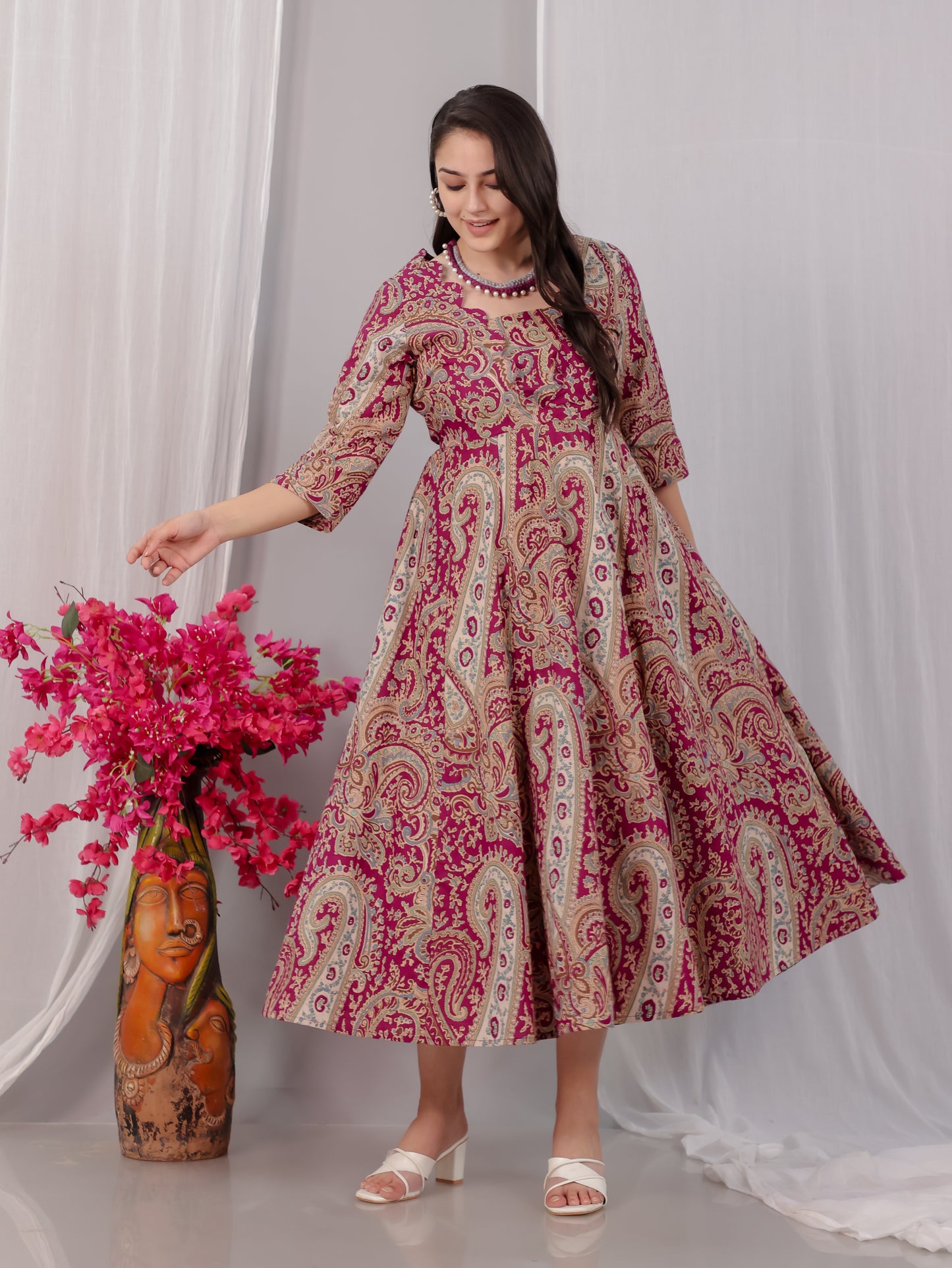 Soft Cotton Paisley Flared Purple Dress