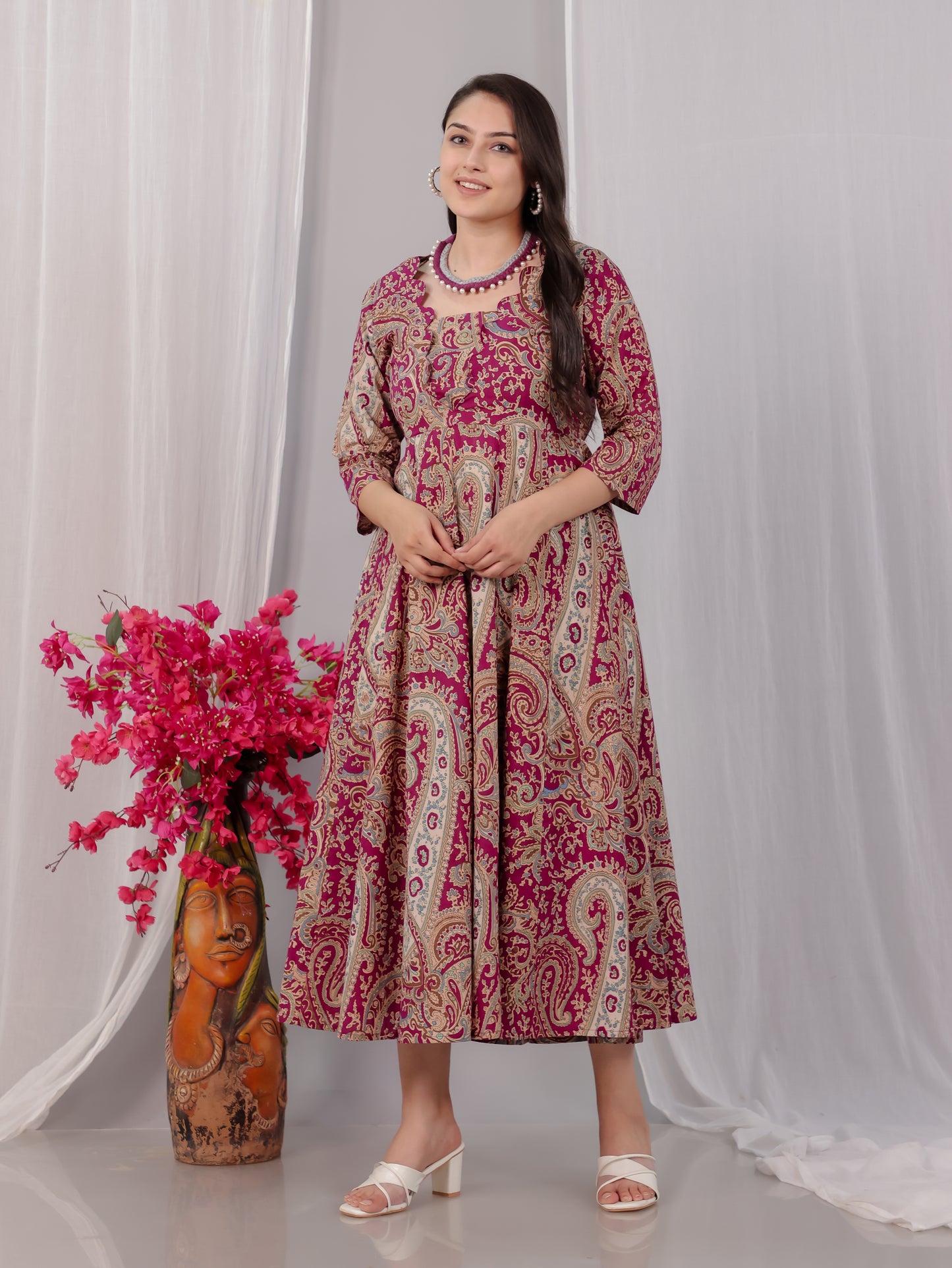 Soft Cotton Paisley Flared Purple Dress