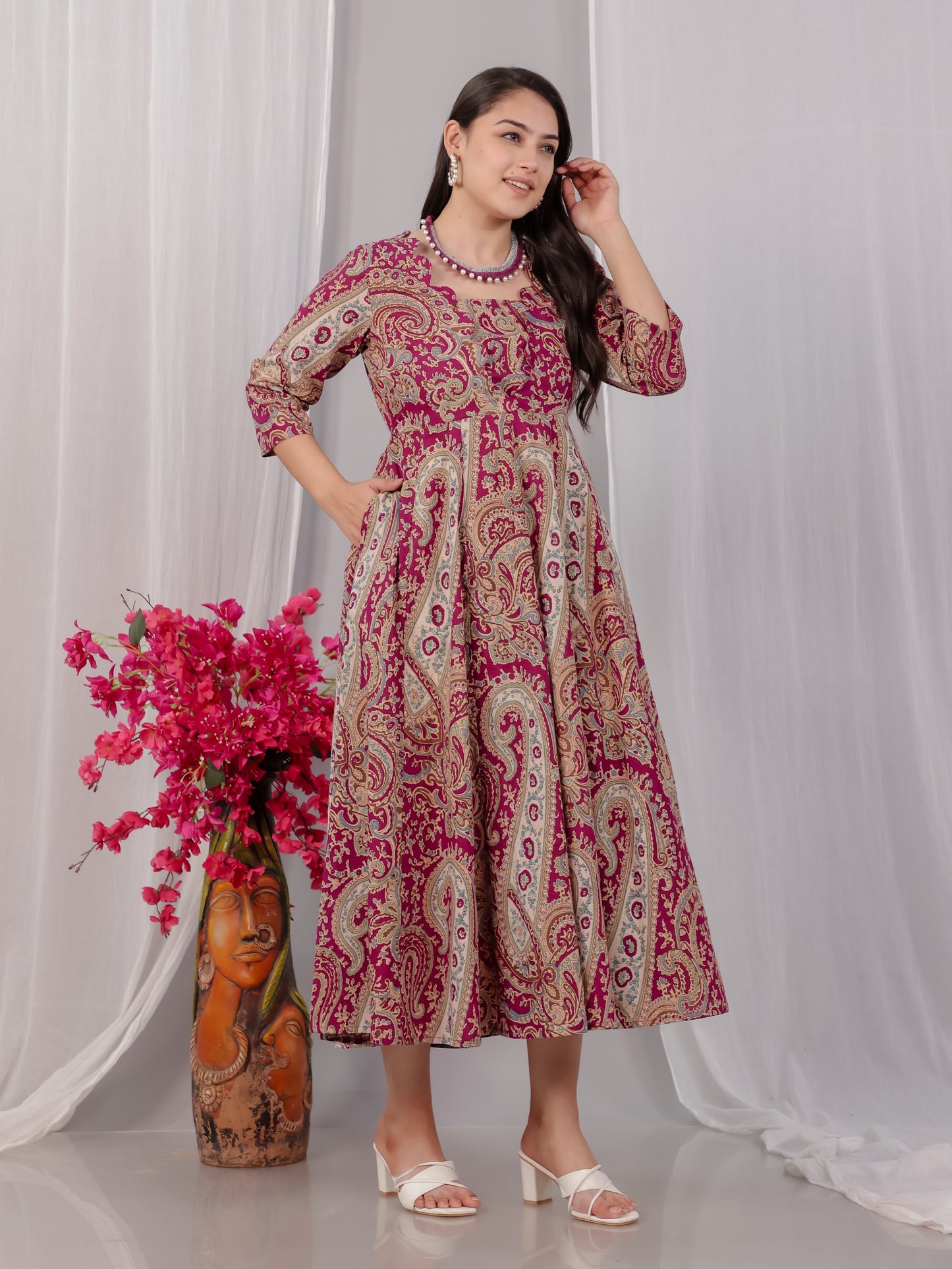 Soft Cotton Paisley Flared Purple Dress