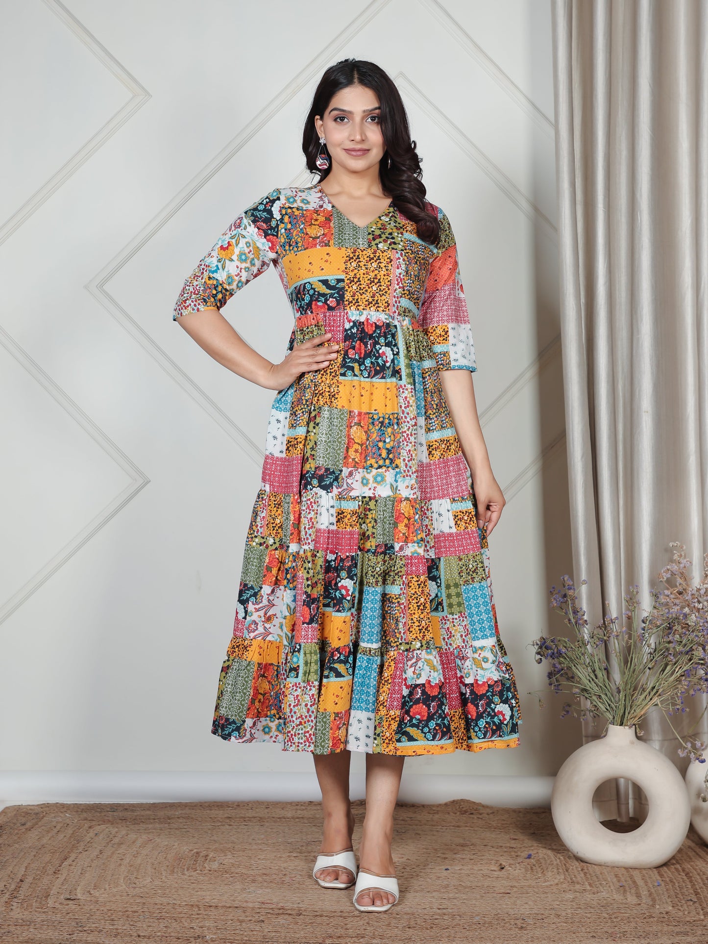 Soft Cotton Patchwork A-line Multicolor Dress