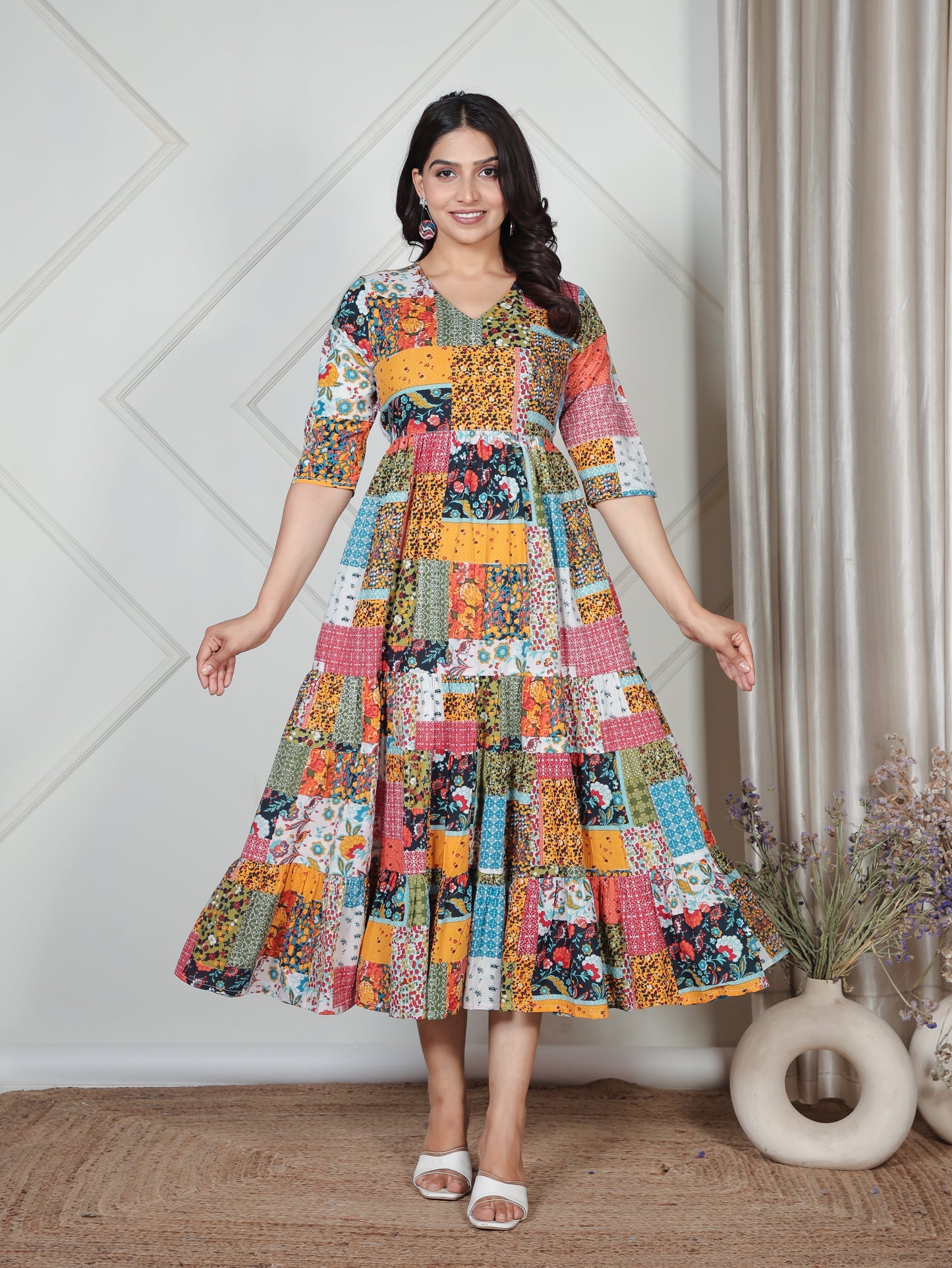 Soft Cotton Patchwork A-line Multicolor Dress