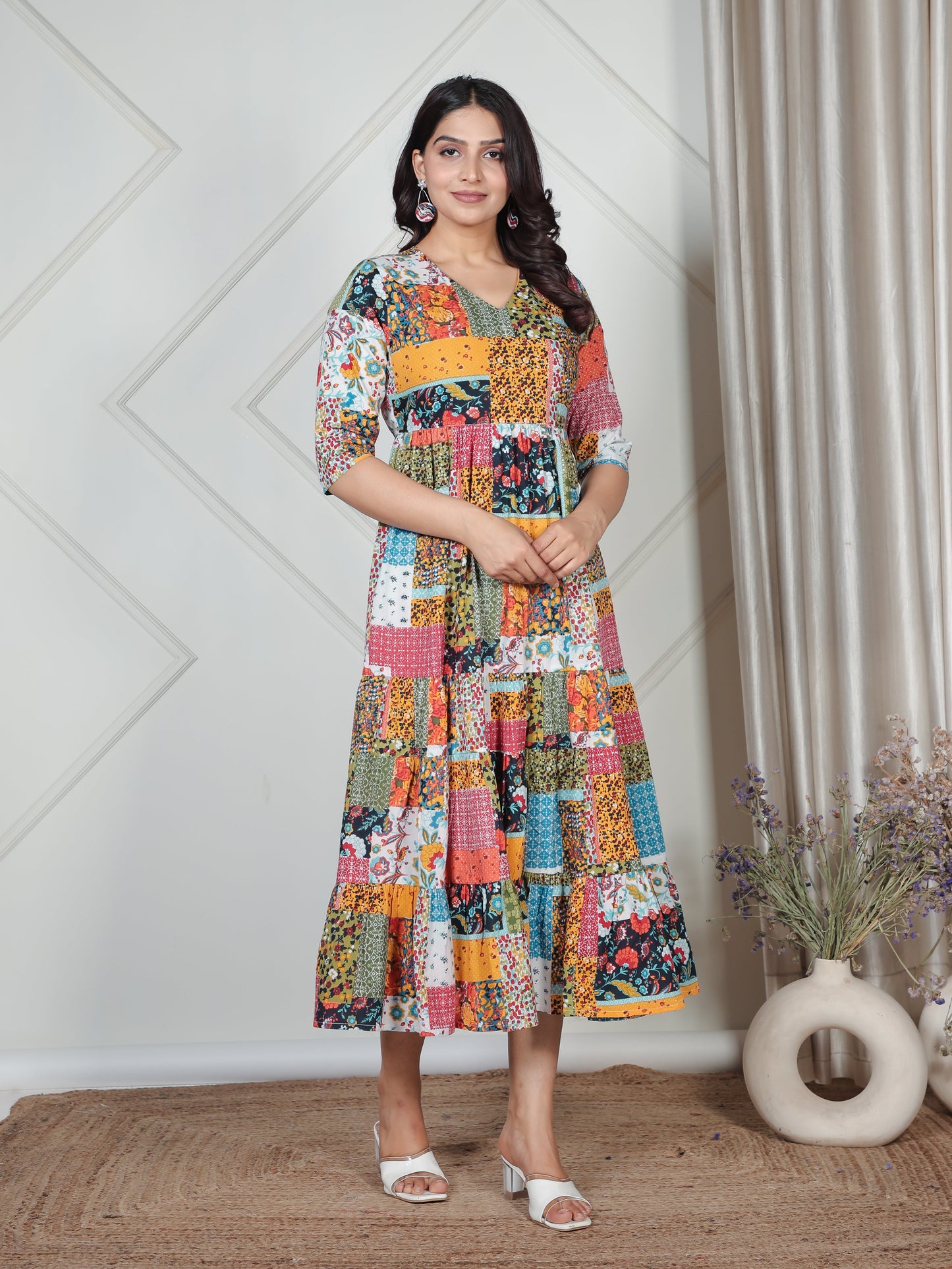 Soft Cotton Patchwork A-line Multicolor Dress