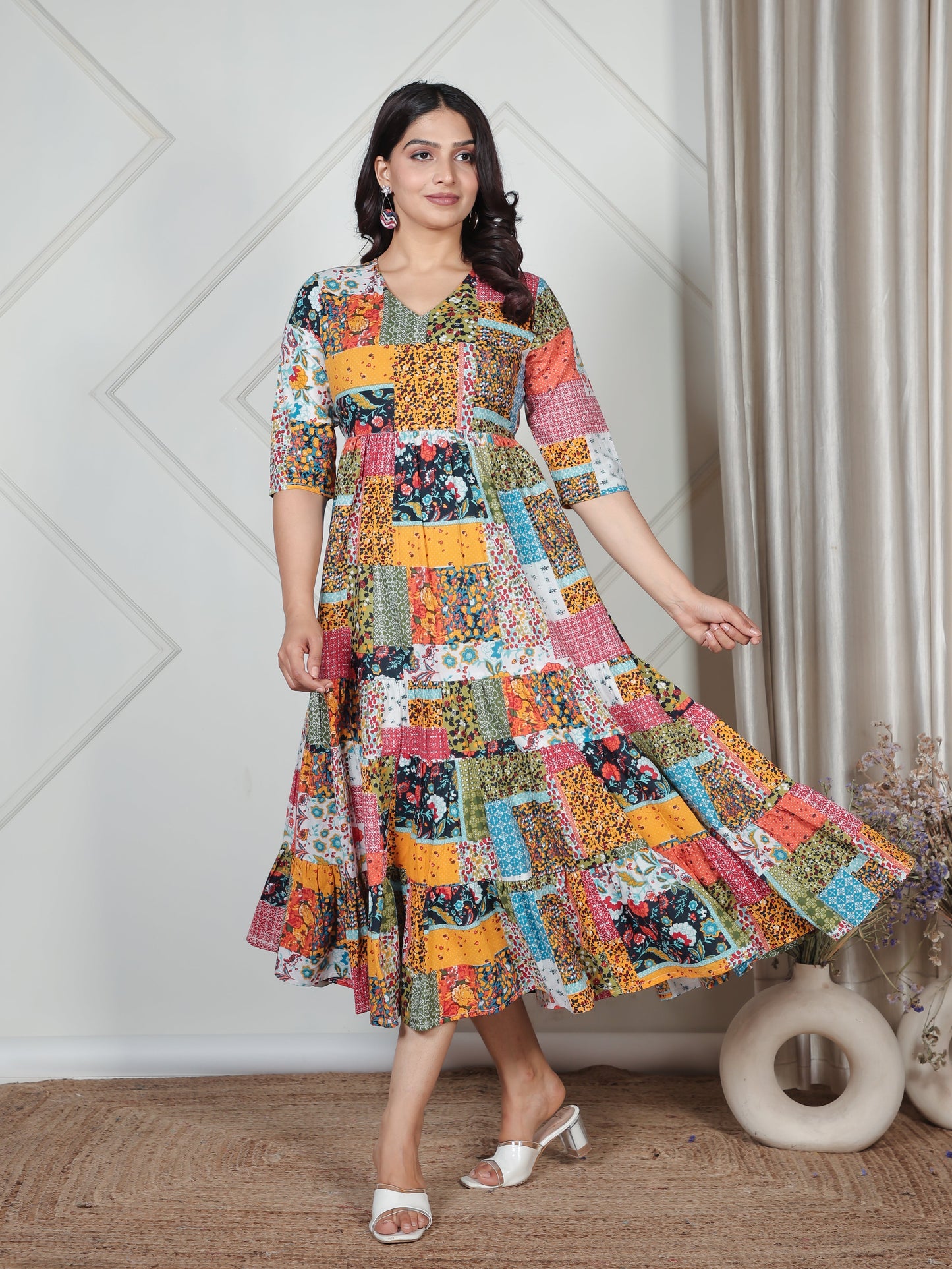 Soft Cotton Patchwork A-line Multicolor Dress