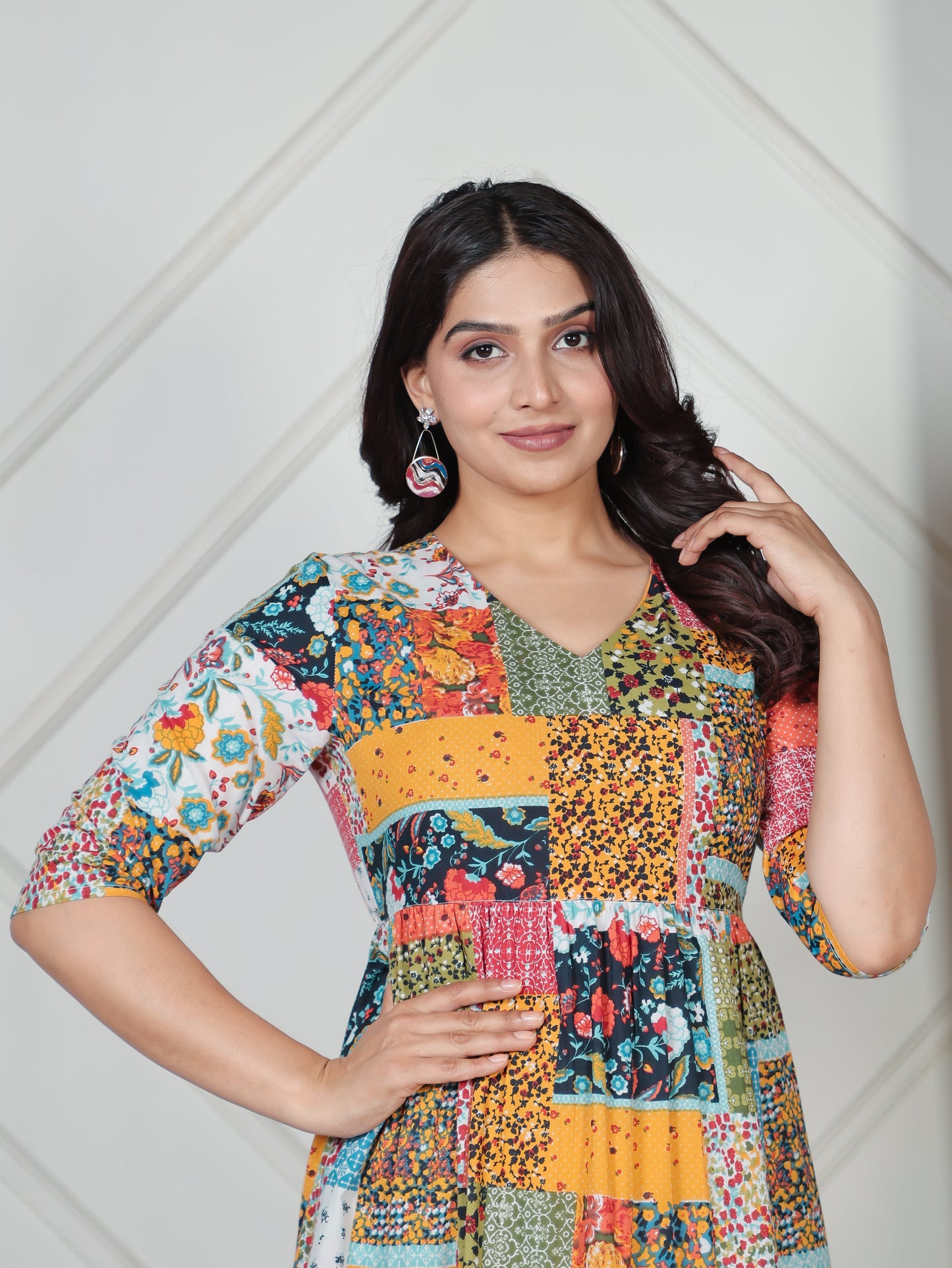 Soft Cotton Patchwork A-line Multicolor Dress