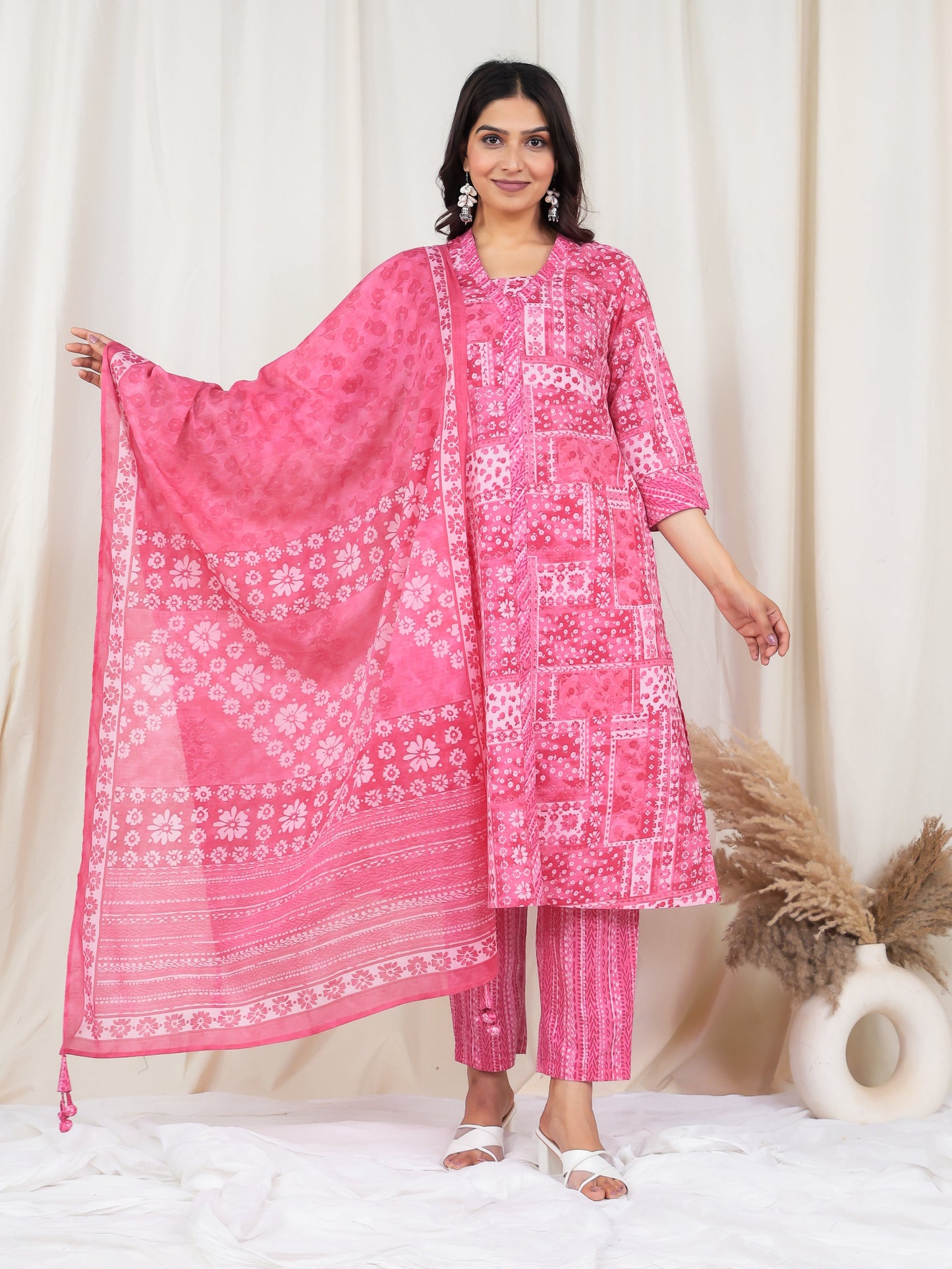 Cotton Voile Patchwork Pink Dupatta