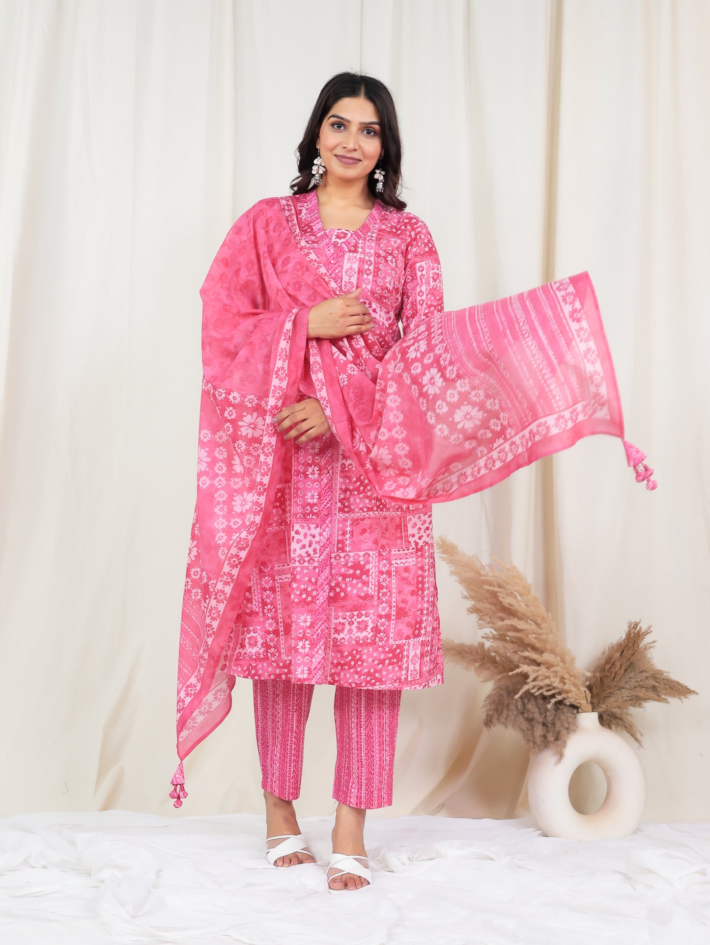 Soft Cotton Patchwork Straight Pink Kurta