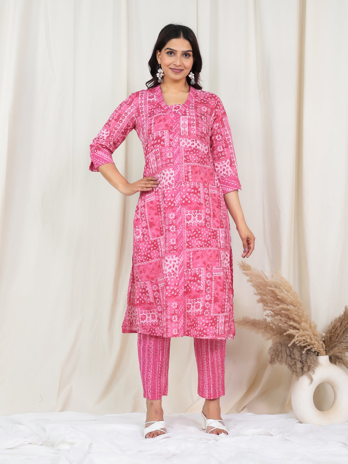 Soft Cotton Patchwork Straight Pink Kurta