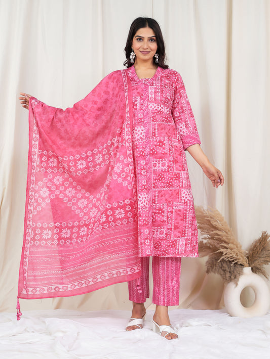 Soft Cotton Patchwork Straight Pink Kurta