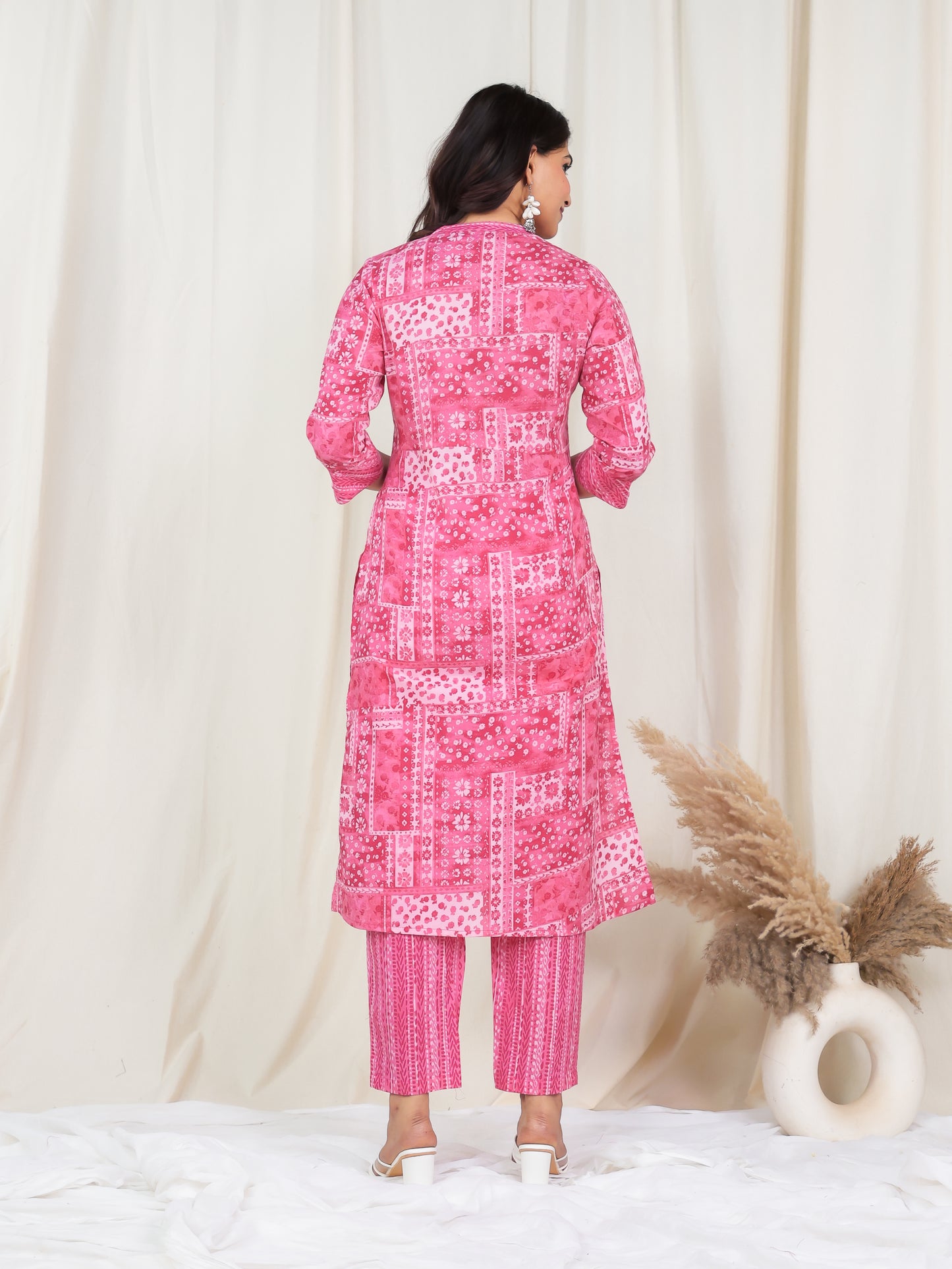 Soft Cotton Patchwork Straight Pink Kurta