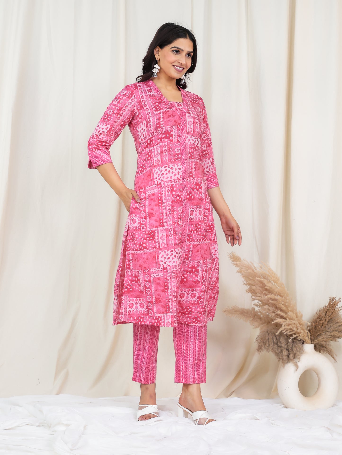 Soft Cotton Patchwork Straight Pink Kurta