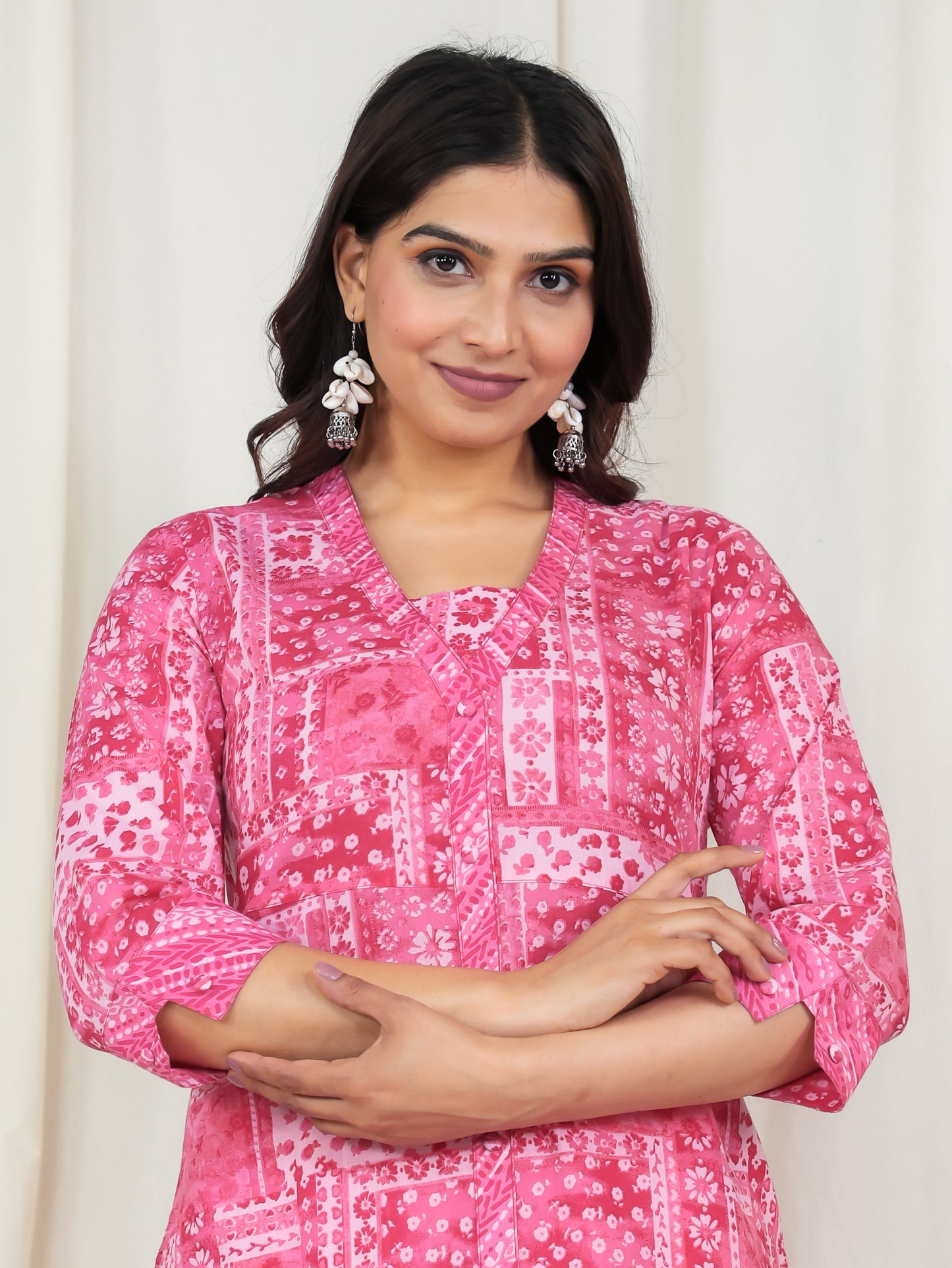 Soft Cotton Patchwork Straight Pink Kurta