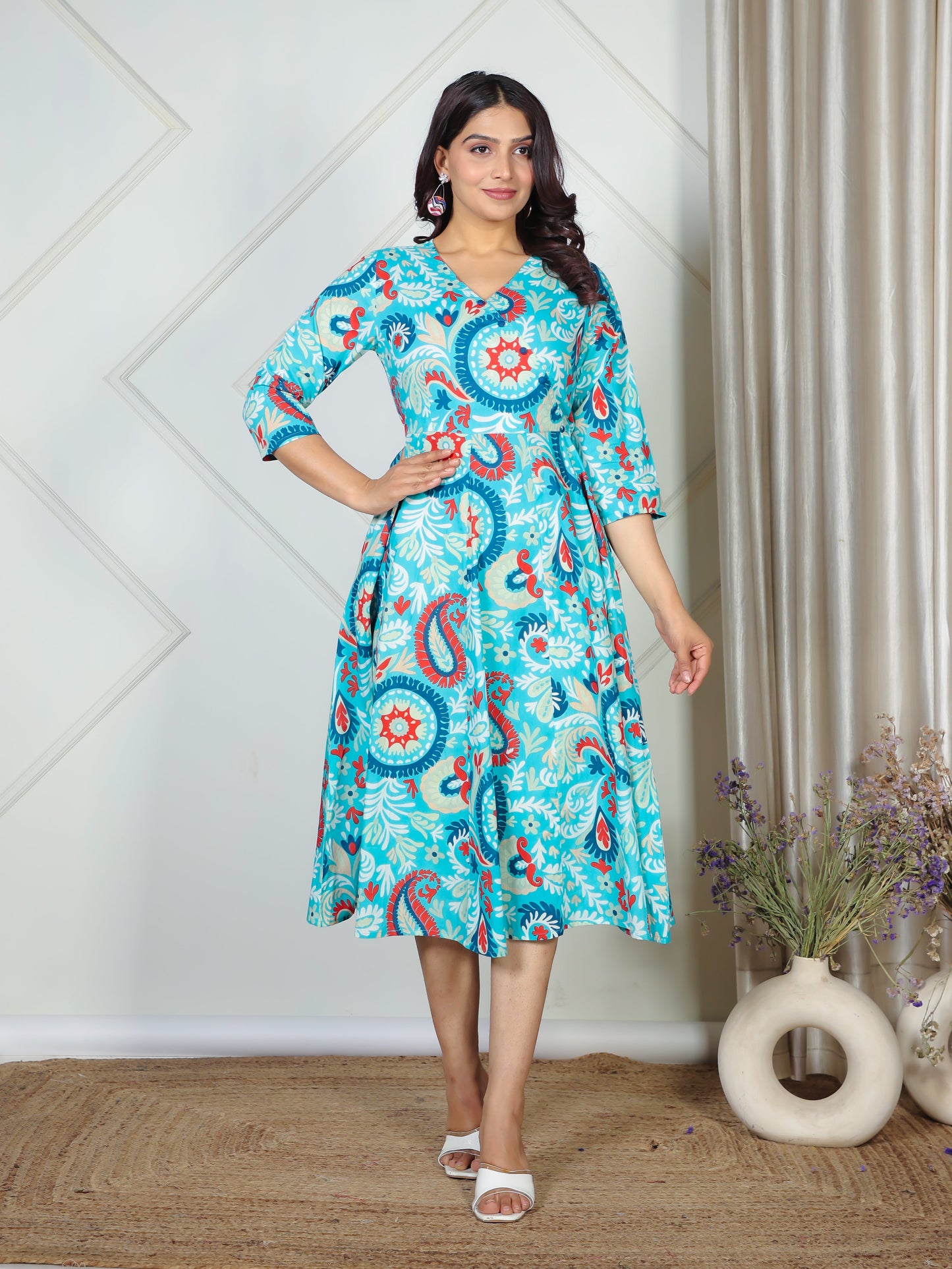 Soft Cotton Paisley Angrakha Blue Dress
