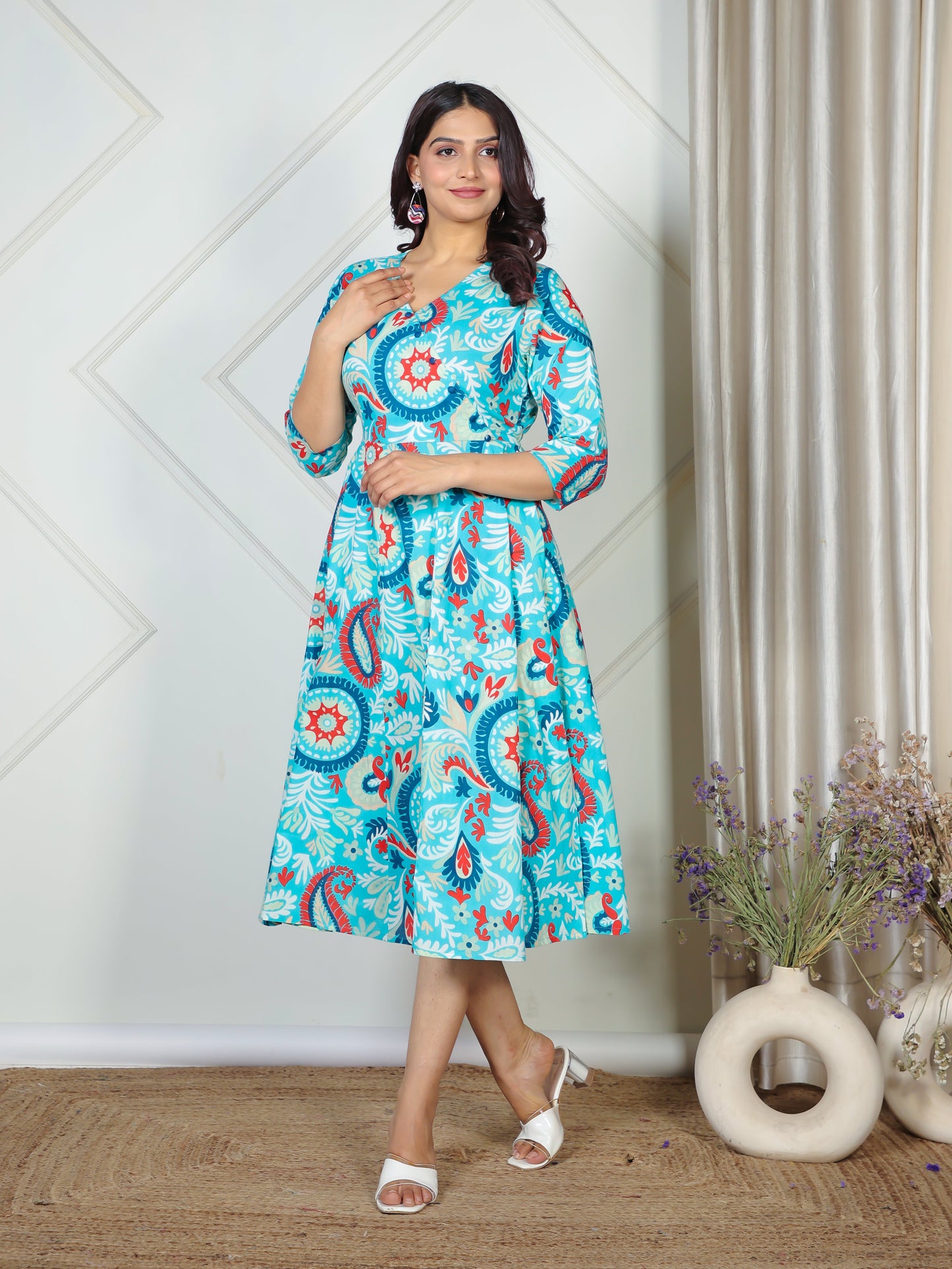 Soft Cotton Paisley Angrakha Blue Dress