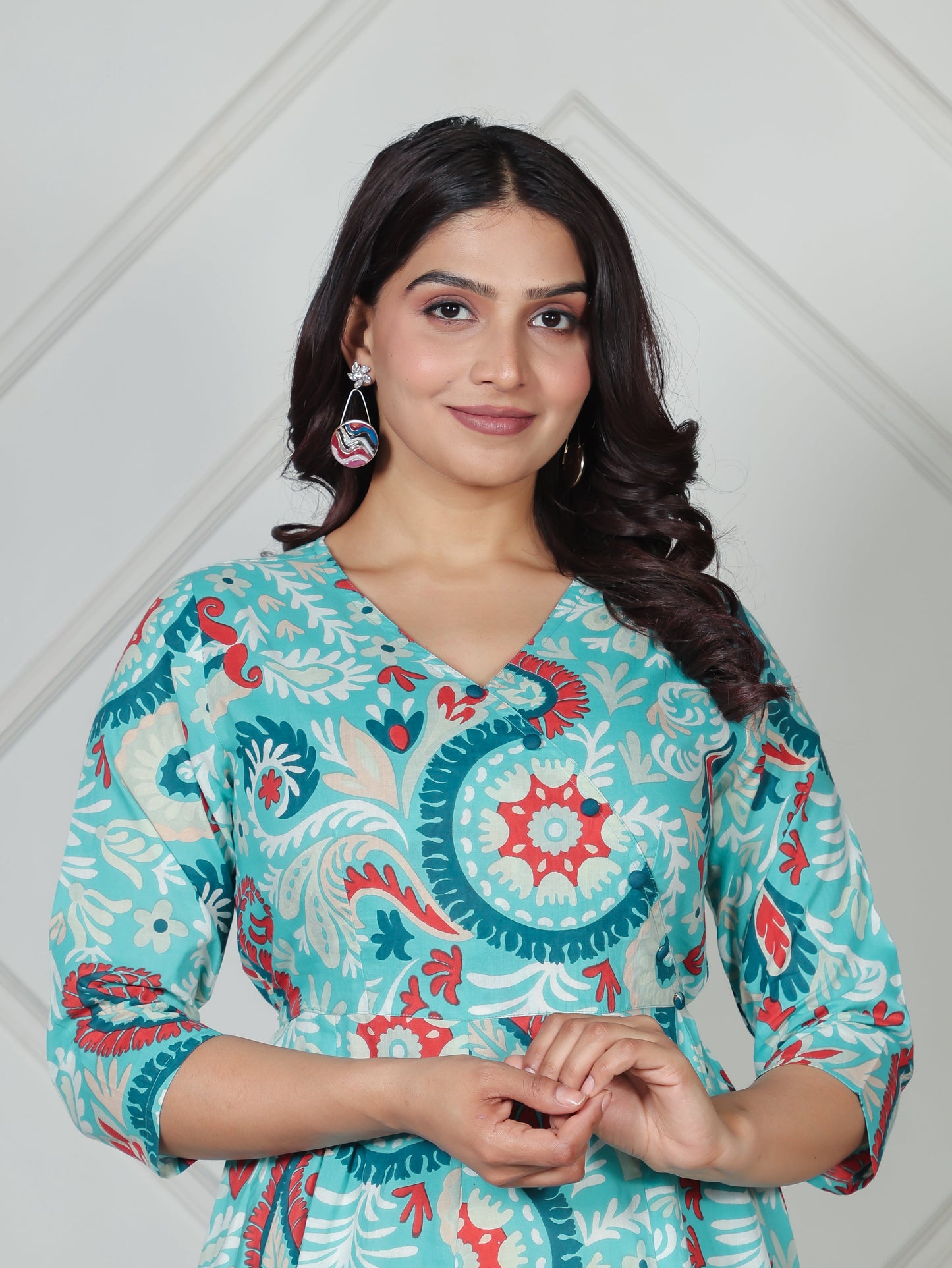 Soft Cotton Paisley Angrakha Blue Dress