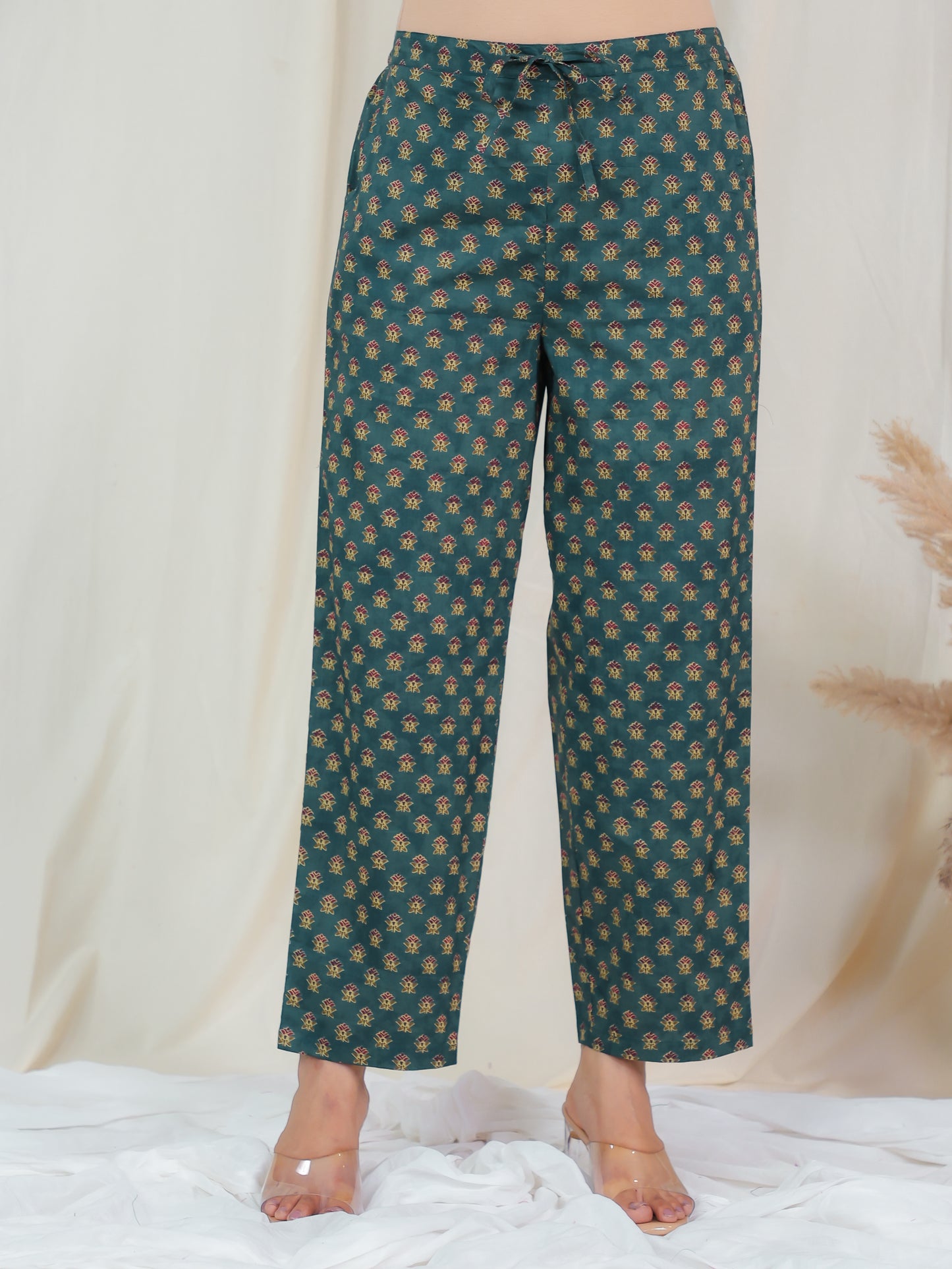 Soft Cotton Floral Green Straight Trousers