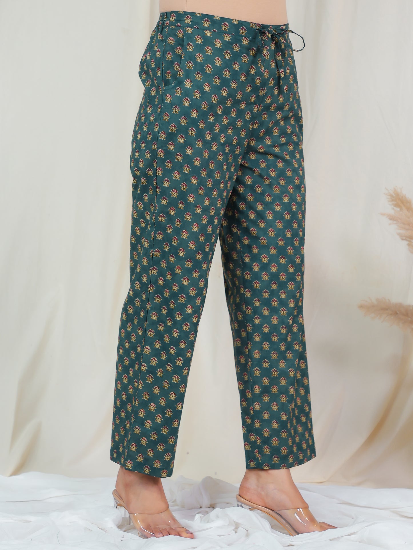 Soft Cotton Floral Green Straight Trousers
