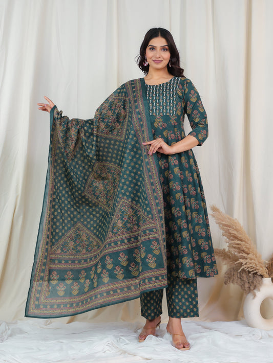Cotton Voile Floral Green Dupatta
