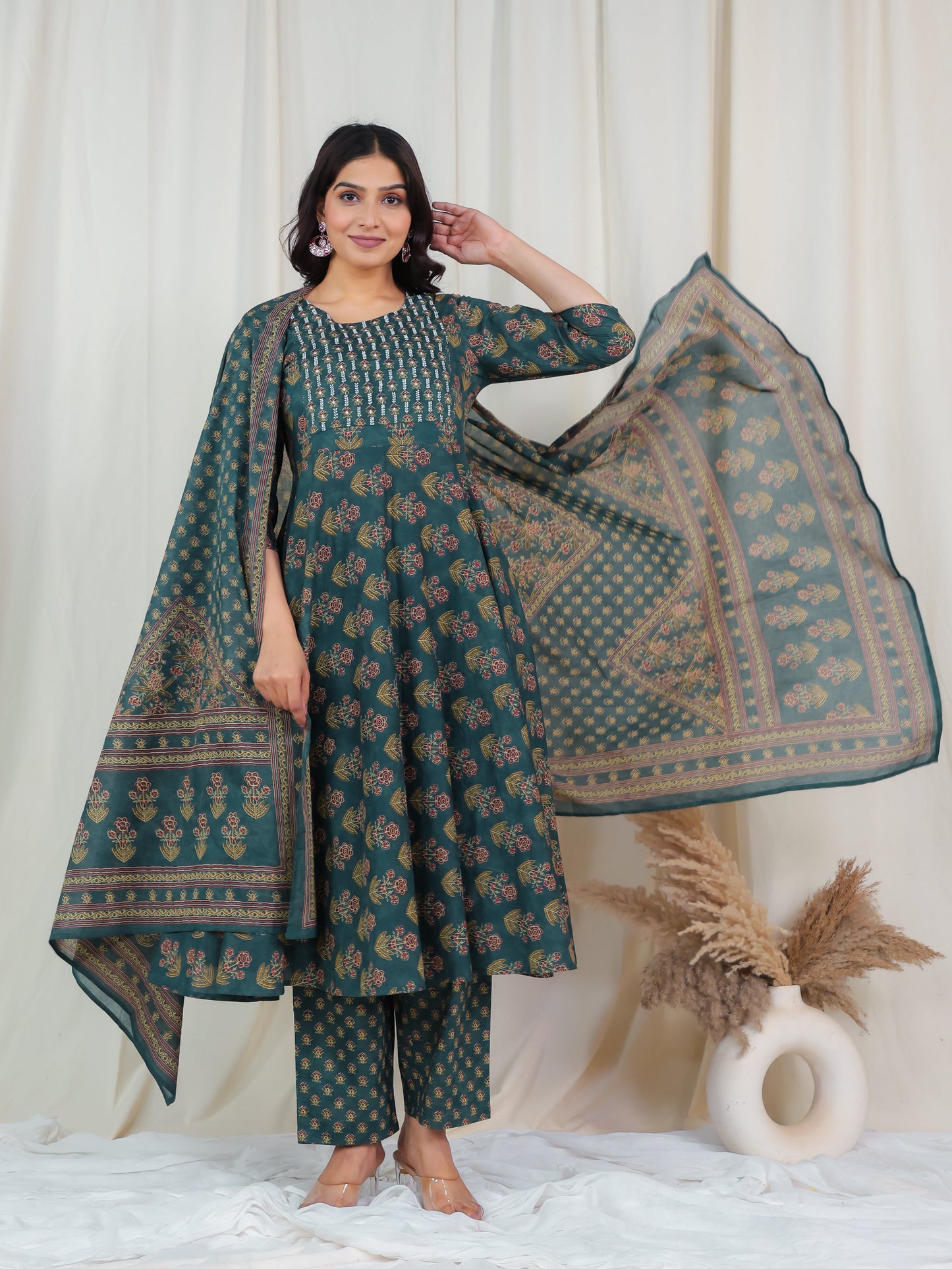 Cotton Voile Floral Green Dupatta