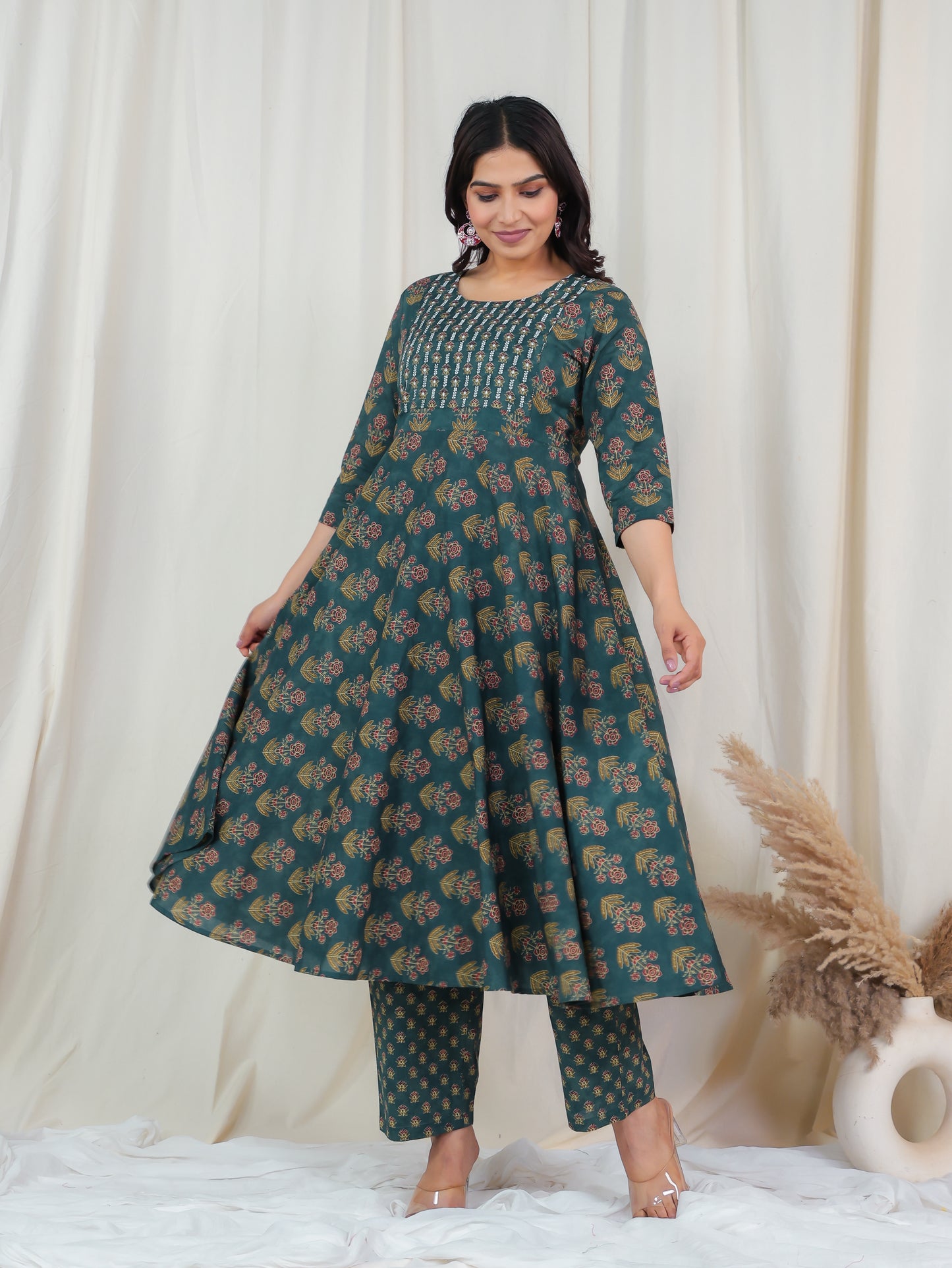 Embroidered Soft Cotton Floral Anarkali Green Kurta