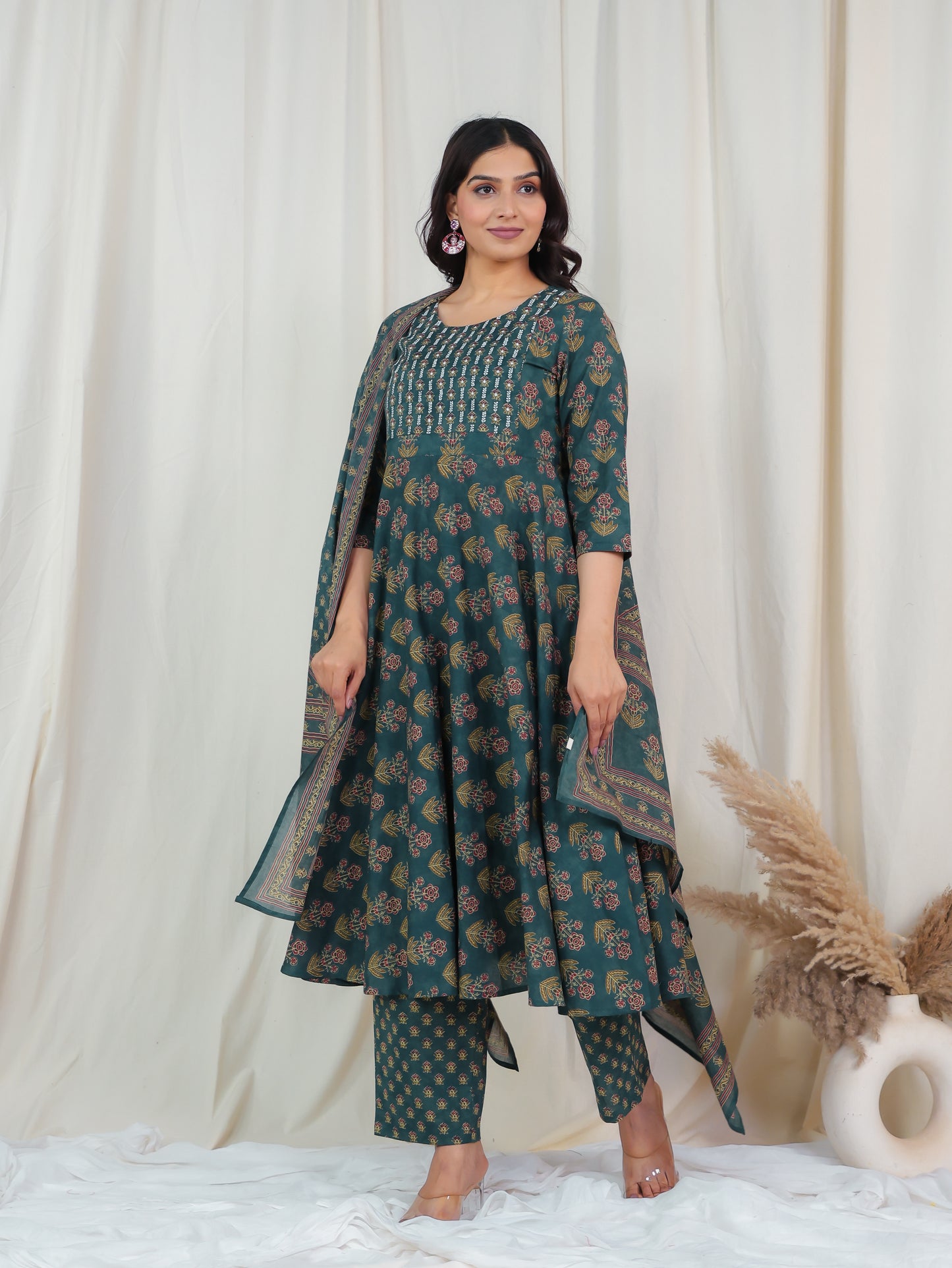 Embroidered Soft Cotton Floral Anarkali Green Kurta