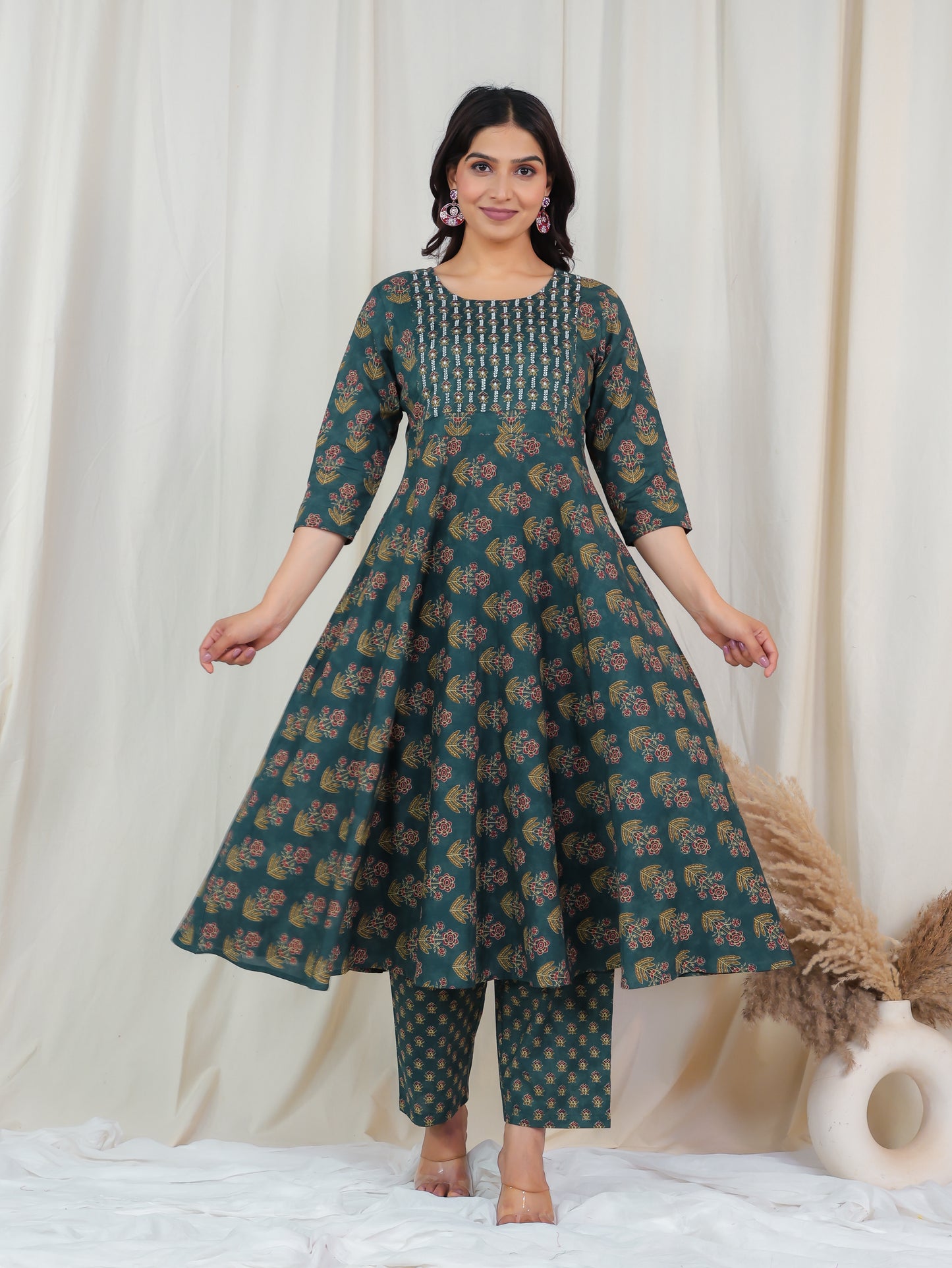 Embroidered Soft Cotton Floral Anarkali Green Kurta
