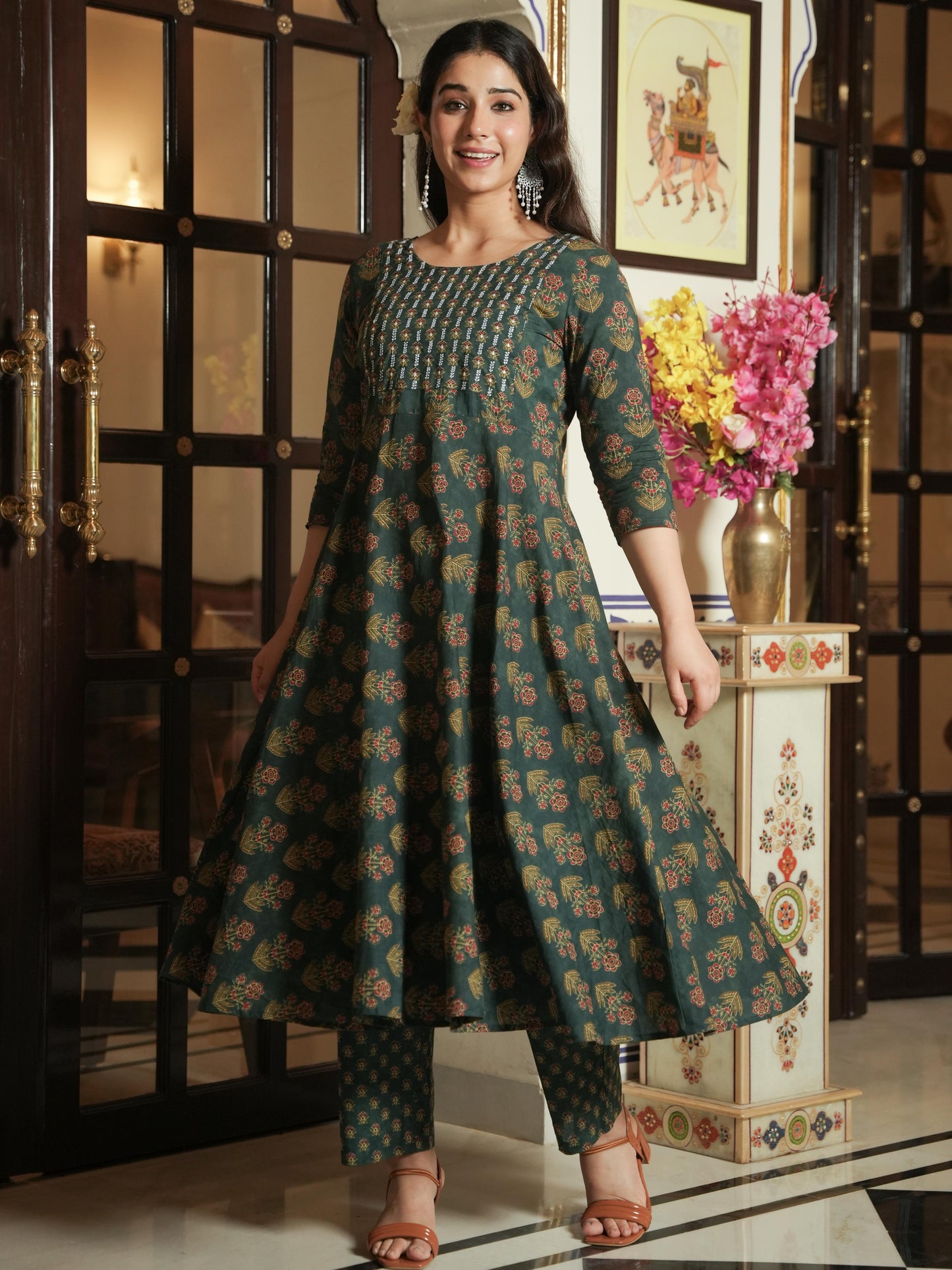 Embroidered Soft Cotton Floral Anarkali Green Kurta