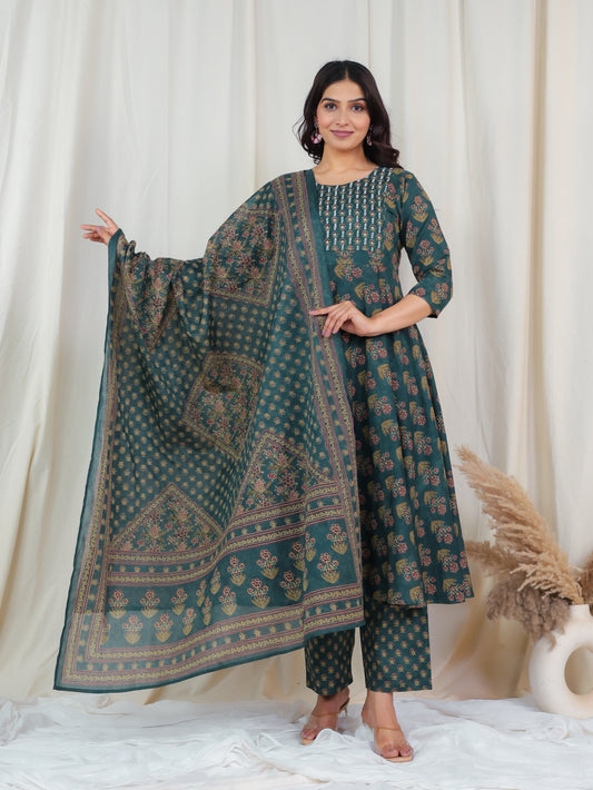 Embroidered Soft Cotton Floral Anarkali Green Kurta