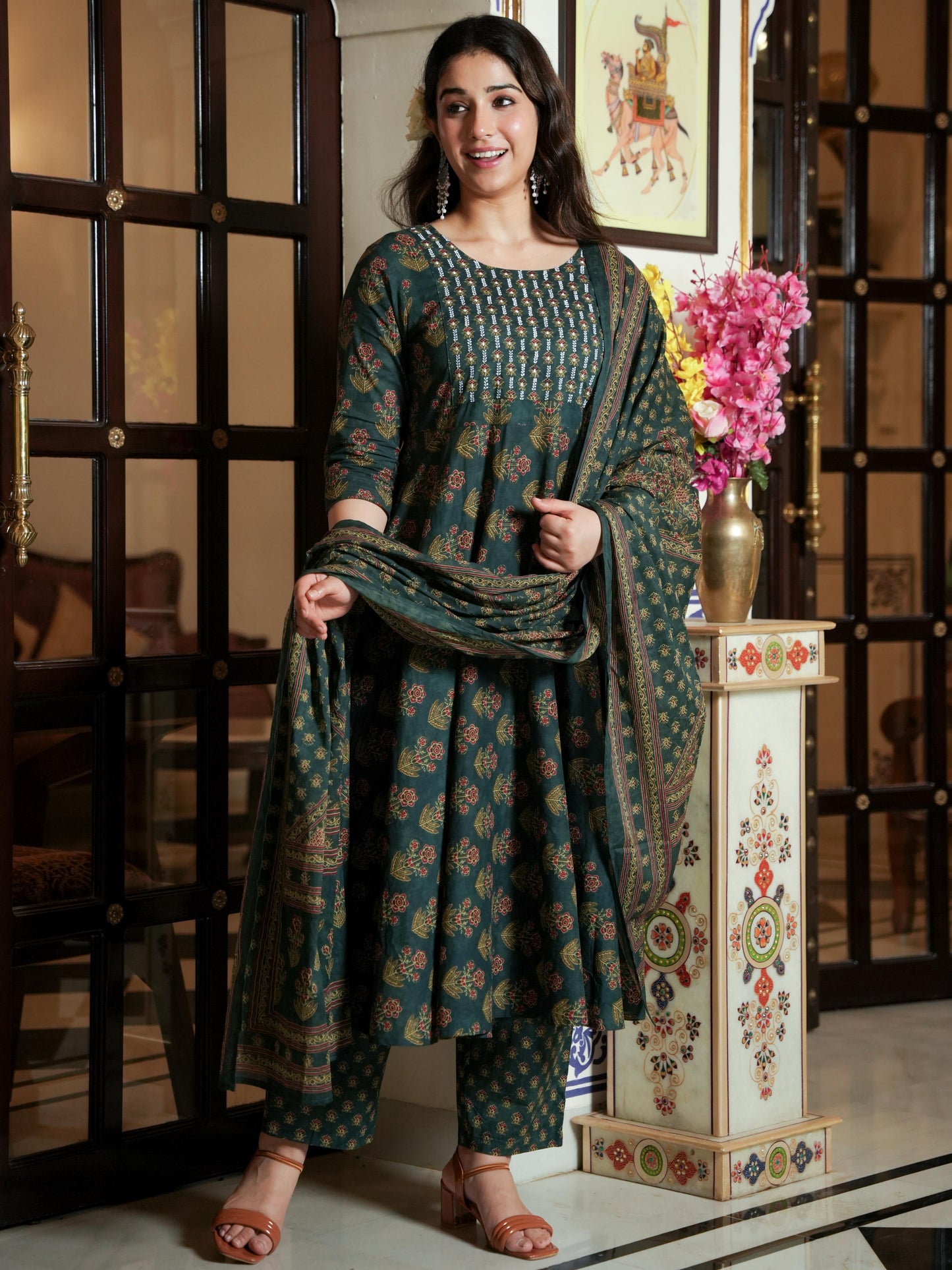 Embroidered Soft Cotton Floral Anarkali Green Kurta