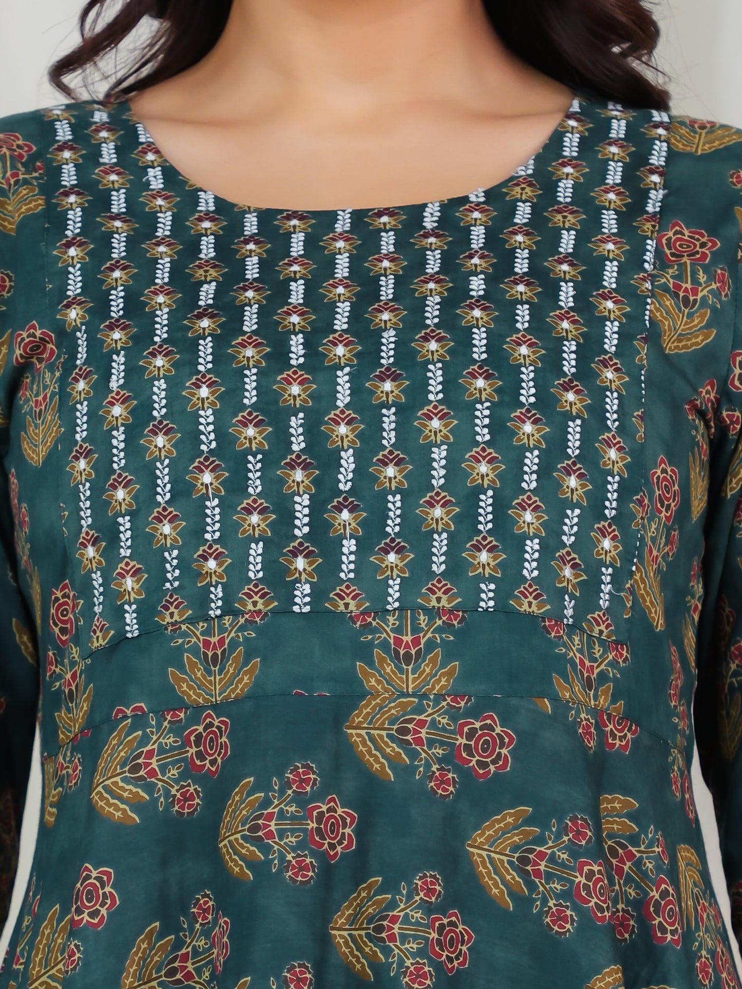Embroidered Soft Cotton Floral Anarkali Green Kurta