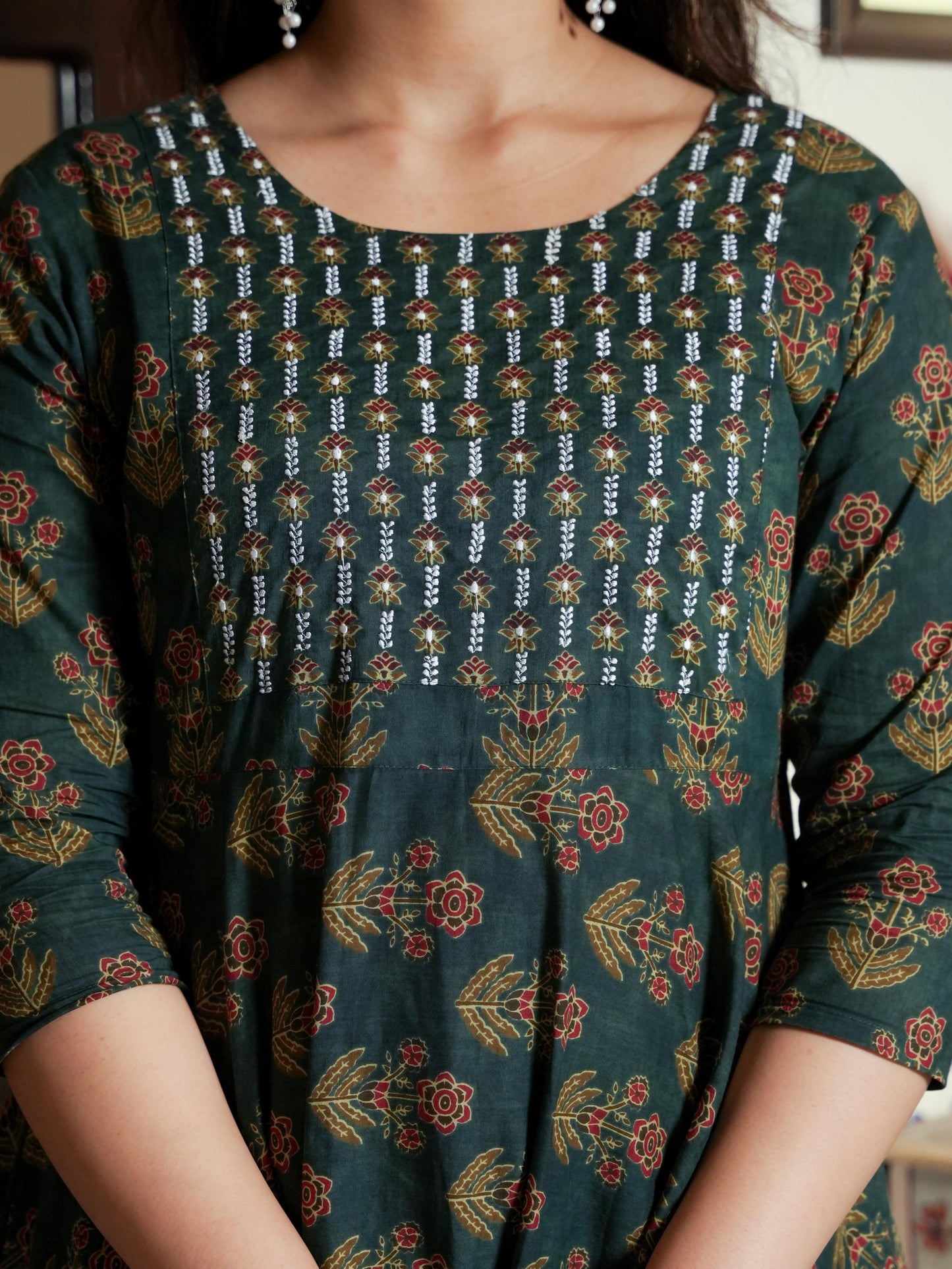 Embroidered Soft Cotton Floral Anarkali Green Kurta