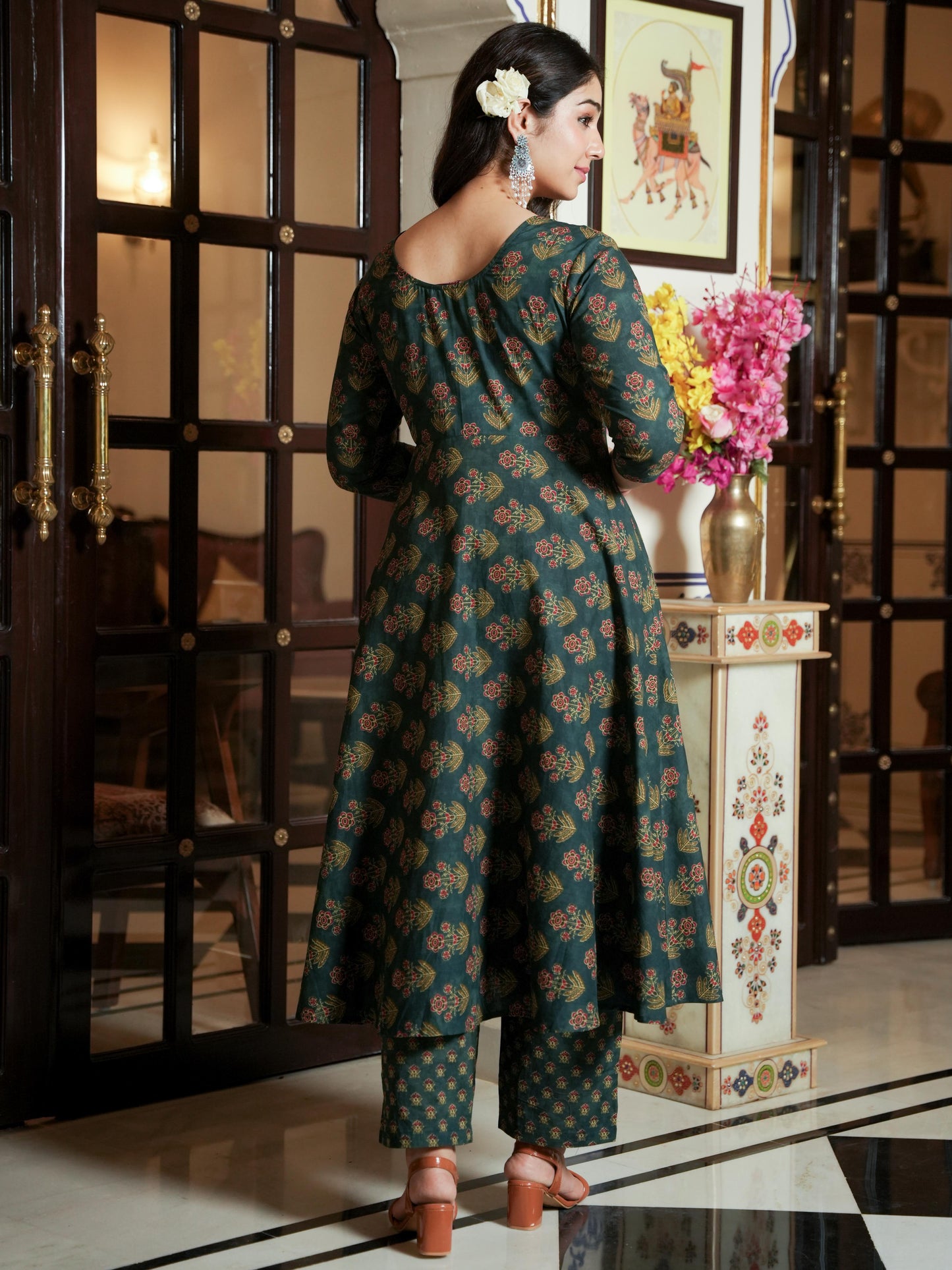 Embroidered Soft Cotton Floral Anarkali Green Kurta