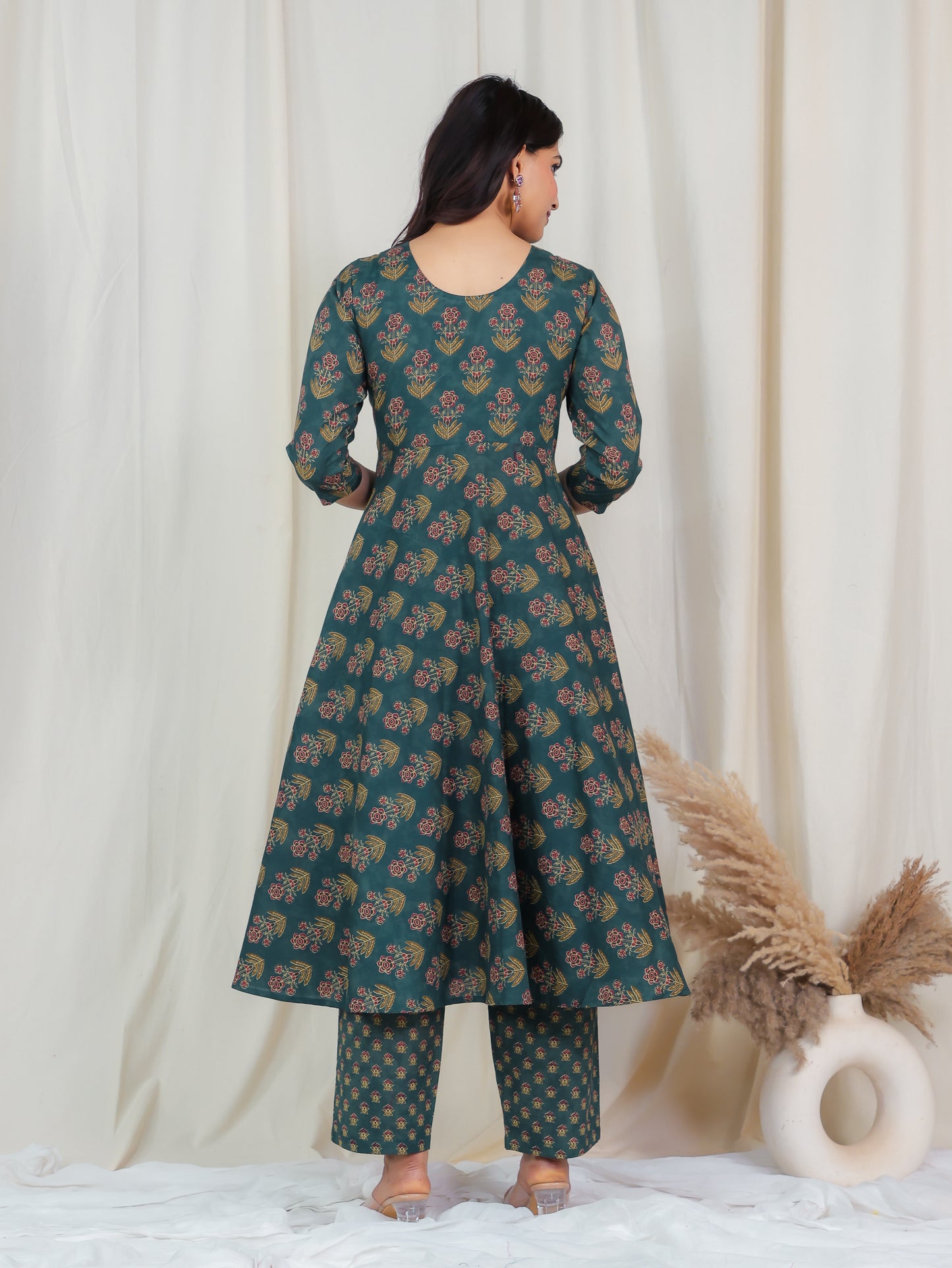 Embroidered Soft Cotton Floral Anarkali Green Kurta